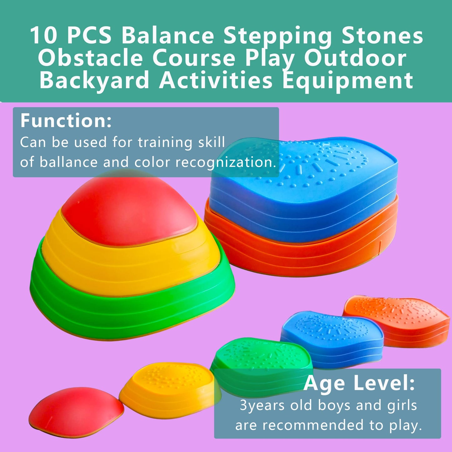 MEANHDAG 10 PCS Balance Stepping Stones for Kids, Obstacle Course Play Outdoor Backyard Activities Equipment Helps Build Children's Coordination and Confidence, Non-Slip Surface and Edging