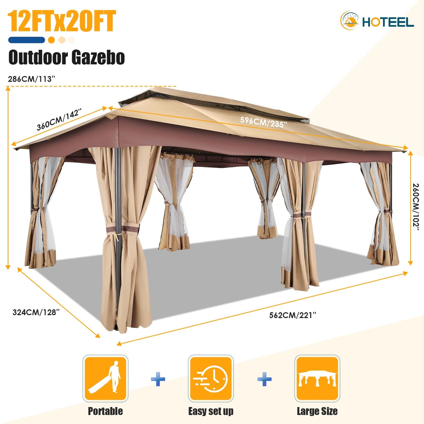 HOTEEL Gazebo 12x20, Outdoor Gazebo on Clearance with Double Ventilated Arc Roof, Privacy Curtains & Mosquito Netting, Easy Set up Canopy Tent with Stable Metal Frame for Patio, Khaki (Upgraded 2.0)