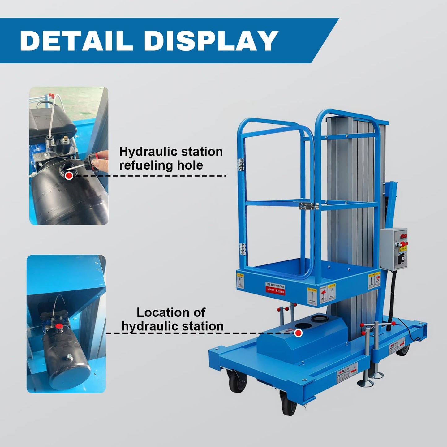 Electric Hydraulic Man Lift Aluminum Alloy Mobile Scaffolding Platform, 19.7ft Max Lifting Height, 275lbs/125kg Rated Load for Warehouse, Construction & Maintenance (Single Support, 19.7FT/6m)