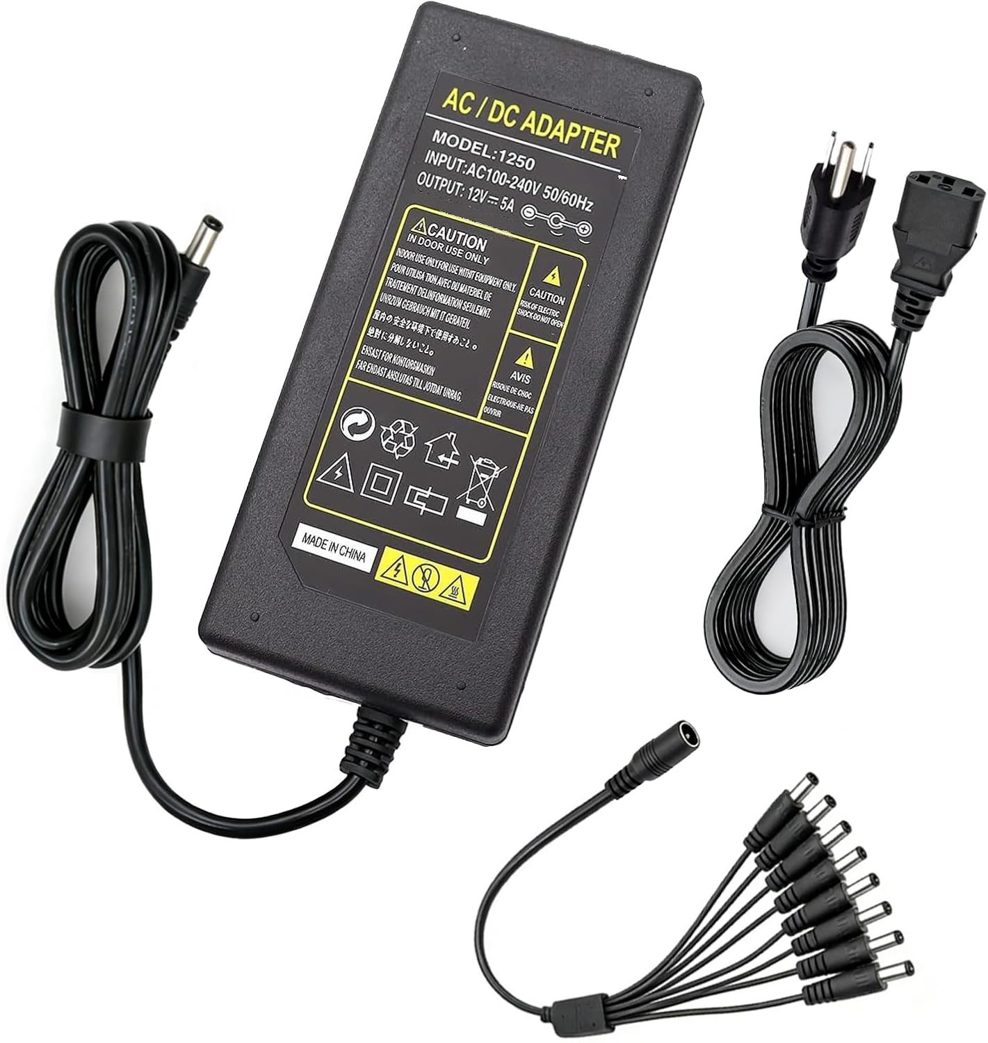 Tnuocke 3-Prong Adapter,12V 5A 100V-240V 8-Way Security Camera Power Camera Power Adapter Power Splitter Cable