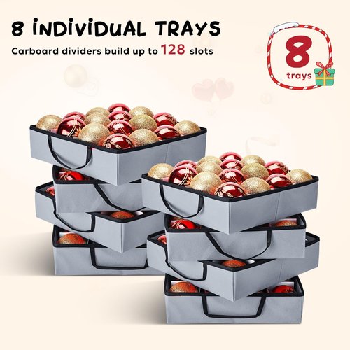 Mrrihand Ornament Storage Box - Dual Zipper Container for 128 Holiday Ornaments | 8 Trays, Grey