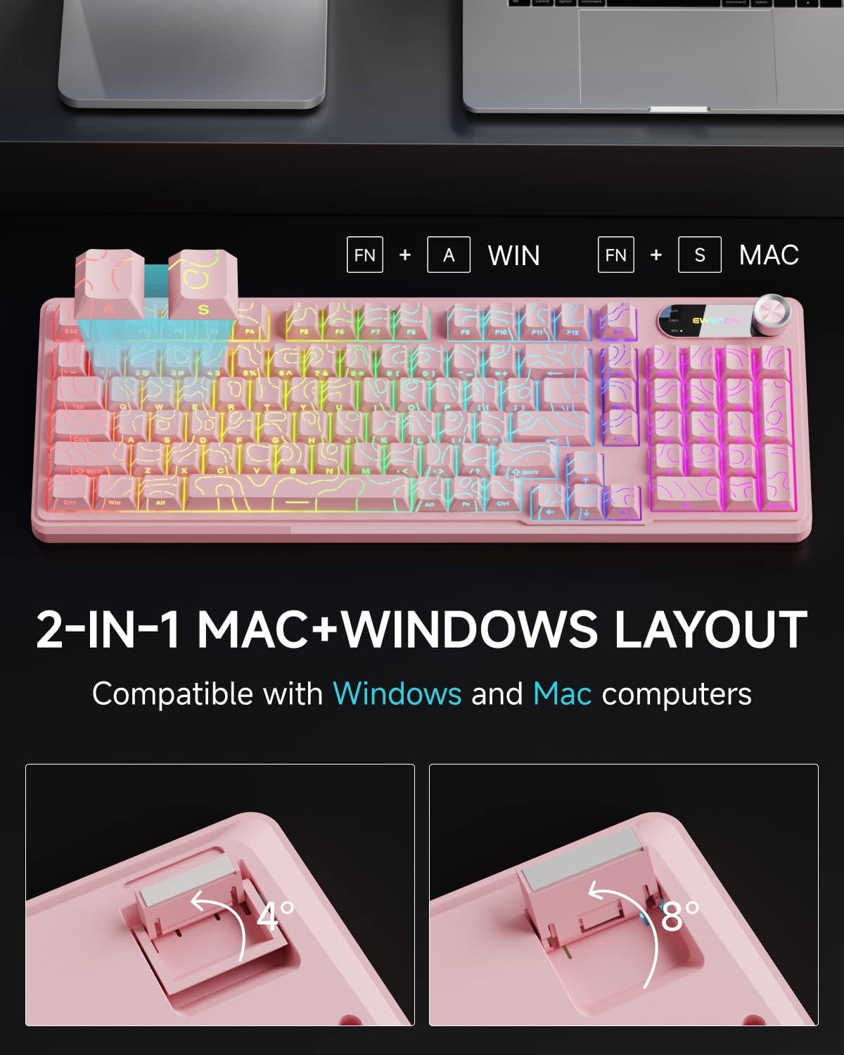 EWEADN V102 98 Wired Keyboard, Keys Creamy Gaming Keyboard with Number Pad, Display Screen & Media Knob RGB Silent
