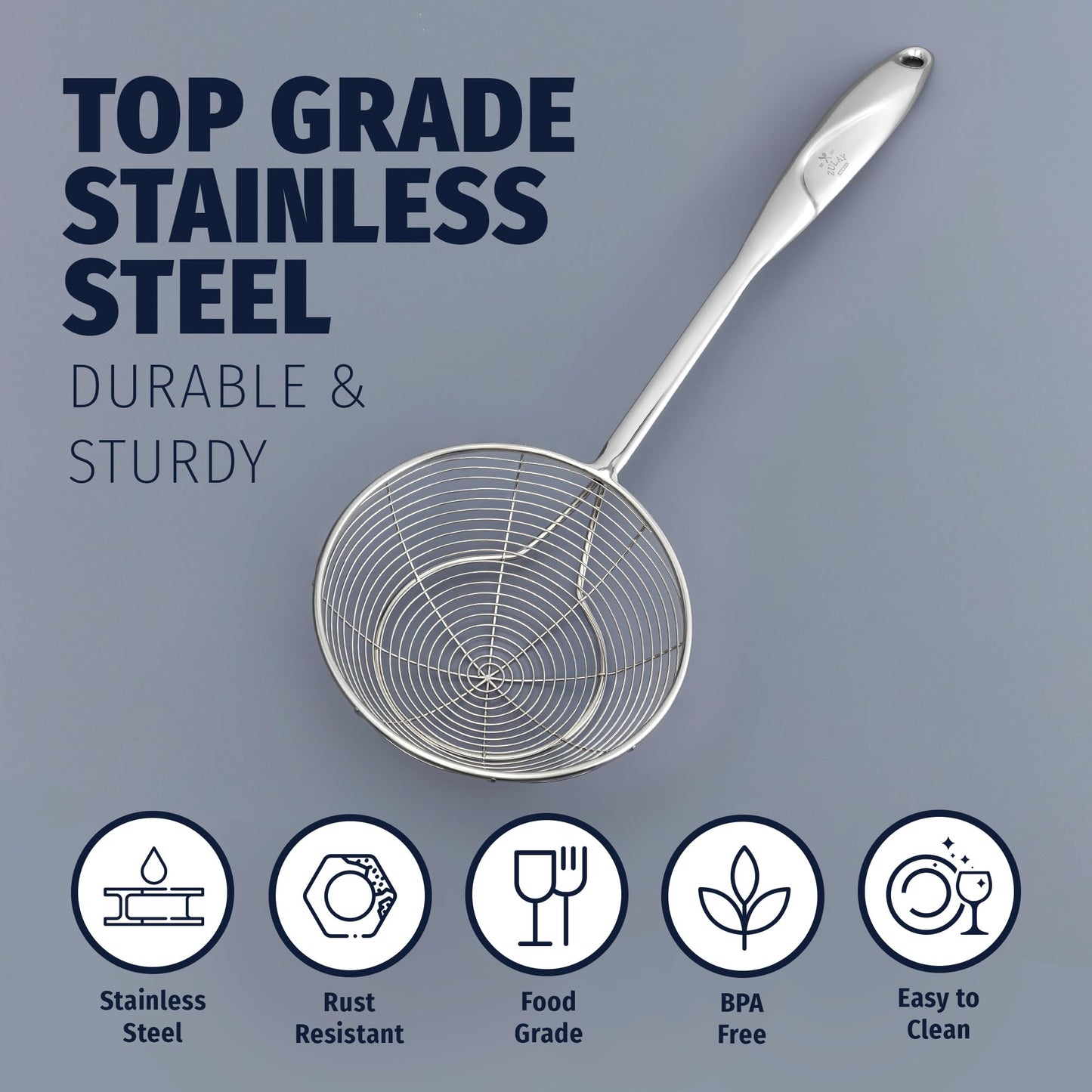 Zulay Kitchen Premium Stainless Steel Skimmer Strainer Ladle - 15” Large Straining Spoon for Frying, Boiling & Blanching - Durable, Rust-Resistant & Heat-Proof Kitchen Tool for Everyday Use