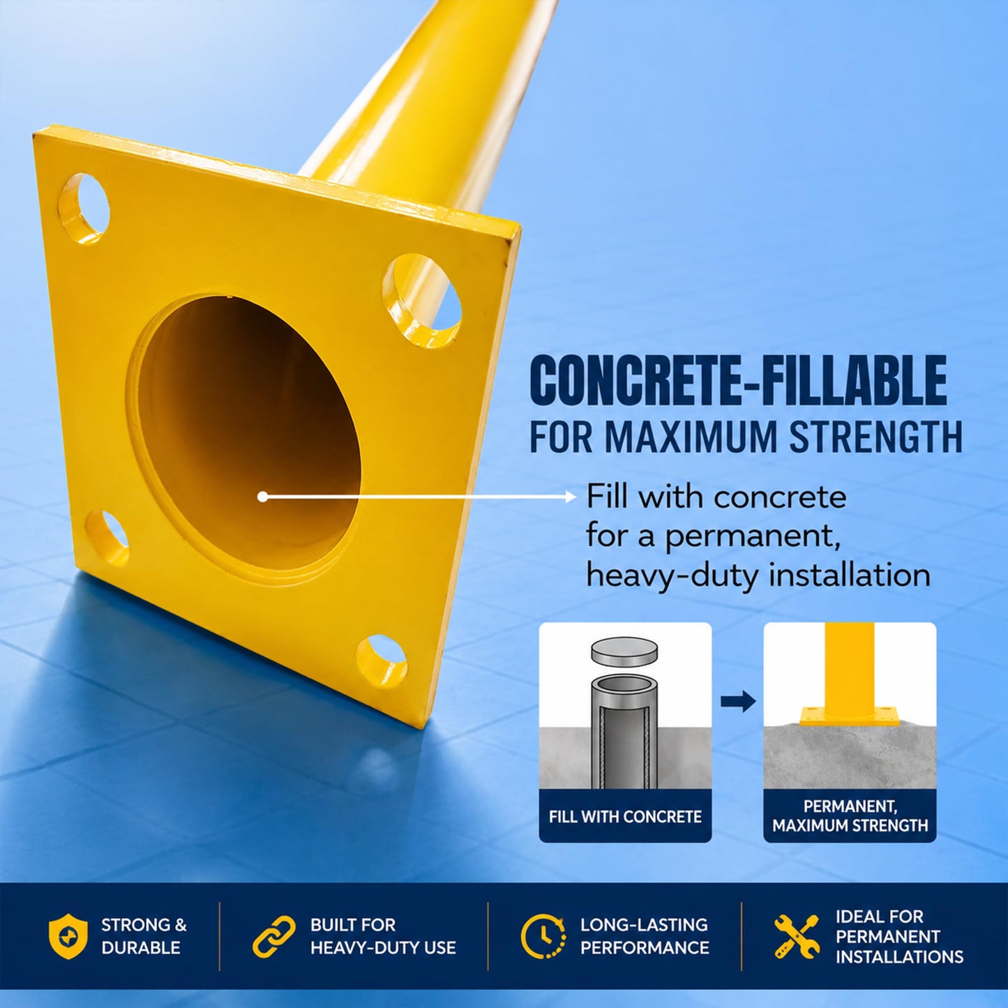 Trafford Industrial Yellow Powder-Coated Steel Safety Bollard, Heavy-Duty Bollard Post, Parking Barrier for Traffic Safety and Access Control, Hardware Included