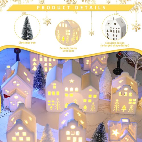 Cindeer 26-Piece Ceramic Christmas Village Set - 8 LED Houses & 16 Trees | Elegant Tabletop Decor
