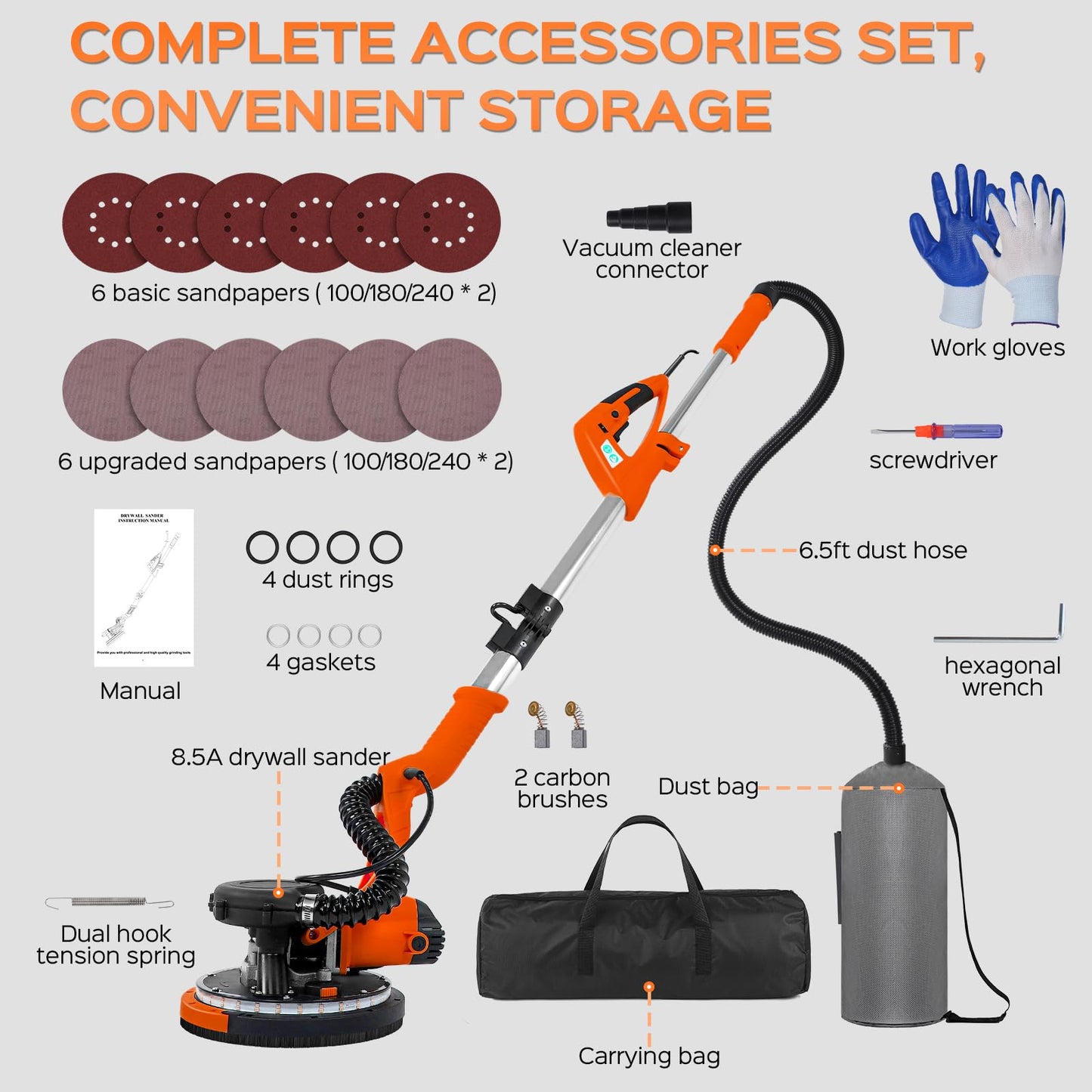 Drywall Sander Tool, KUPERIA 8.5 Amp Popcorn Ceiling Removal Tool with 7 Variable Speed 800-1800RPM,Electric Drywall Sander with Extendable Handle,LED Light,6 Basic Sand Paper& 6 Grid Sandpaper,Orange