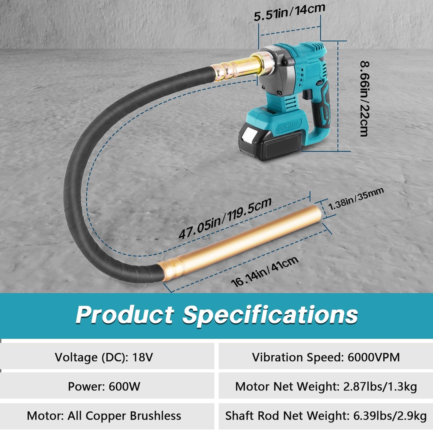 YJINGRUI Cordless Concrete Vibrating Tool for Makita 18V Max Battery & 1600W Power Concrete Vibrator