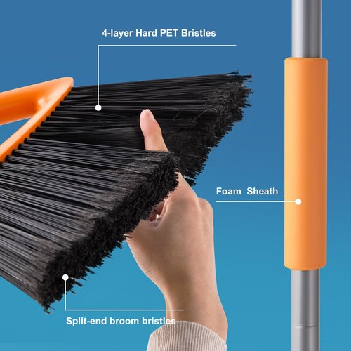 CLEANHOME Outdoor Brooms for Sweeping Patio, Commercial Grade Heavy Duty Broom with Stiff Bristle for Sweeping Garage,Deck,Kitchen,Straw, Outside Broom for Cleaning Pet Hair,Weeds,Leaves,Grey