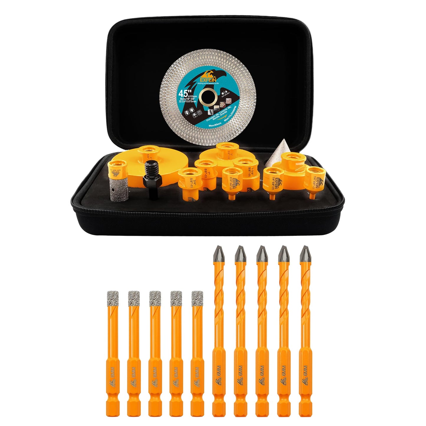 EXFEIN Diamond Tile Hole Saw Kit 13pcs - 6/6/8/19/25/35/50/75/102mm Core Drill Bits and EXFEIN Tile Drill Bits Kit 6mm 5pcs