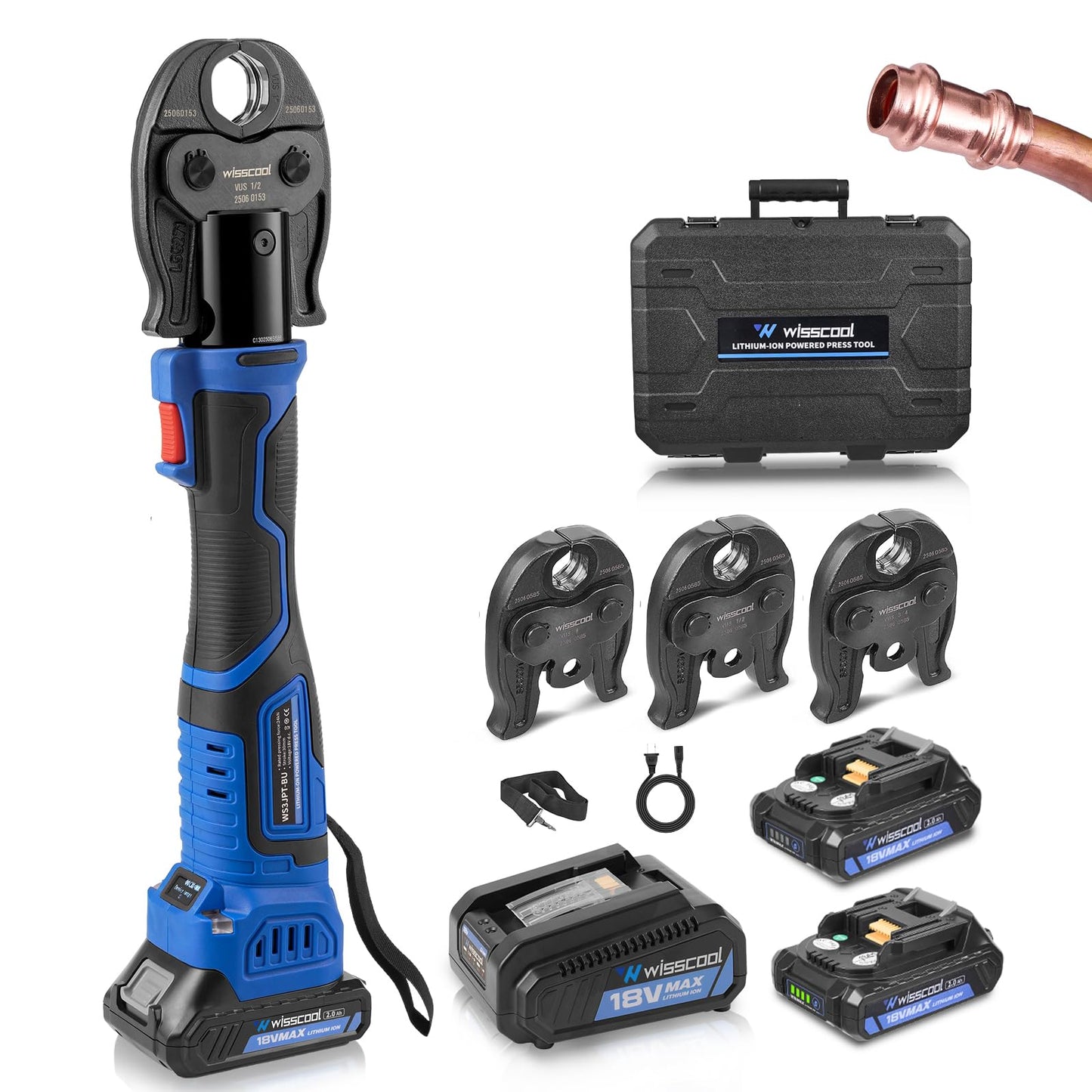 WISSCOOL Pro Press Tool for Copper Pipe 18V, Brushless Battery Copper Press Tool Kit, 24KN Electric Copper Pipe Crimping Tool for 1/2", 3/4", 1" Jaws, 2 x 2.0Ah Batteries, Fast Charger