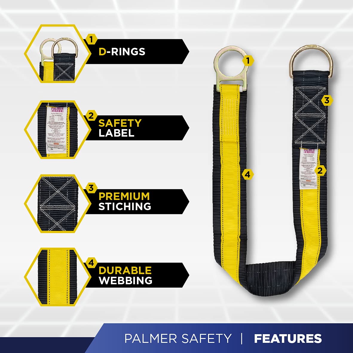Palmer Safety 3 Ft Cross Arm Strap, 3" Wide Beam Straps Choker w/Large & Small D-Ring, ANSI OSHA Anchorage Sling Fall Protection Lanyard