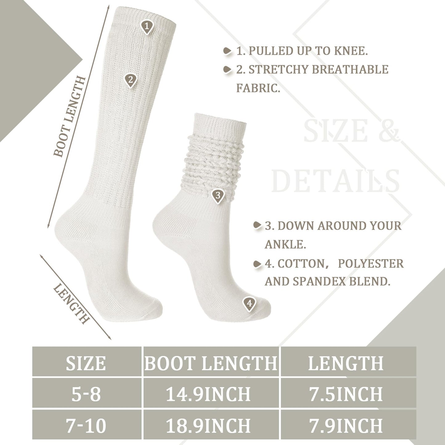 Geyoga 3 Pairs Slouch Socks for Women Scrunch Boot Cotton Knit Thigh High Slouch Socks for Women(Beige, White, Khaki,5-8)