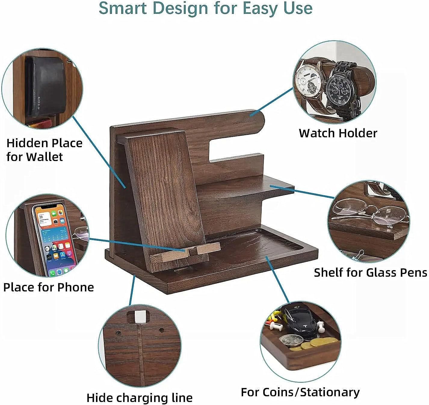 5-in-1 Wood Phone Docking Station, Desktop Organizer for Phone, Watch, Keys, Glasses & Office Supplies, Birthday Gifts