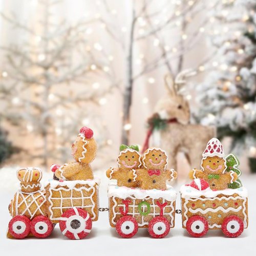 Hodao Christmas Gingerbread Man Train Figurine - Handmade Polyresin Winter Decor | 9.25” Length