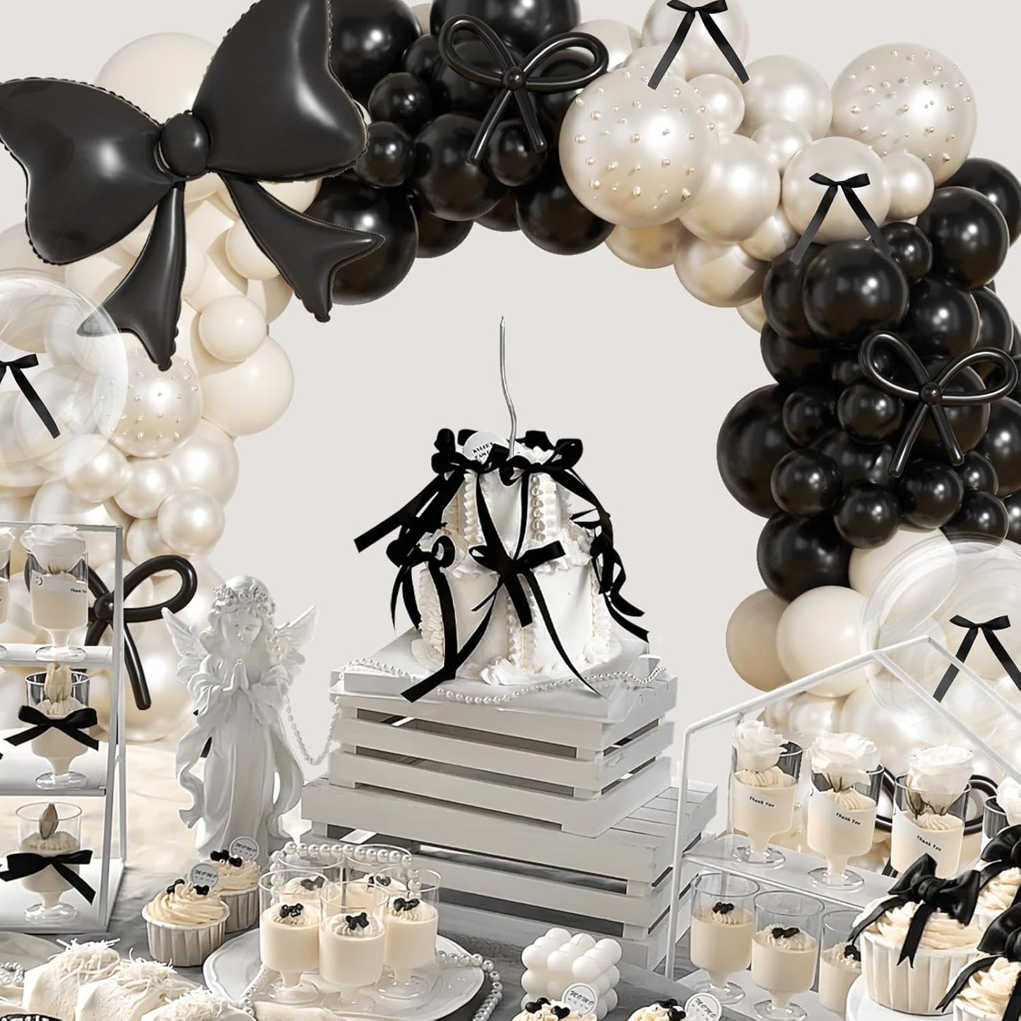Skiennix Black Bow Birthday Decorations - 187Pcs Balloon Arch Kit with Pearl Balloons & Ribbons