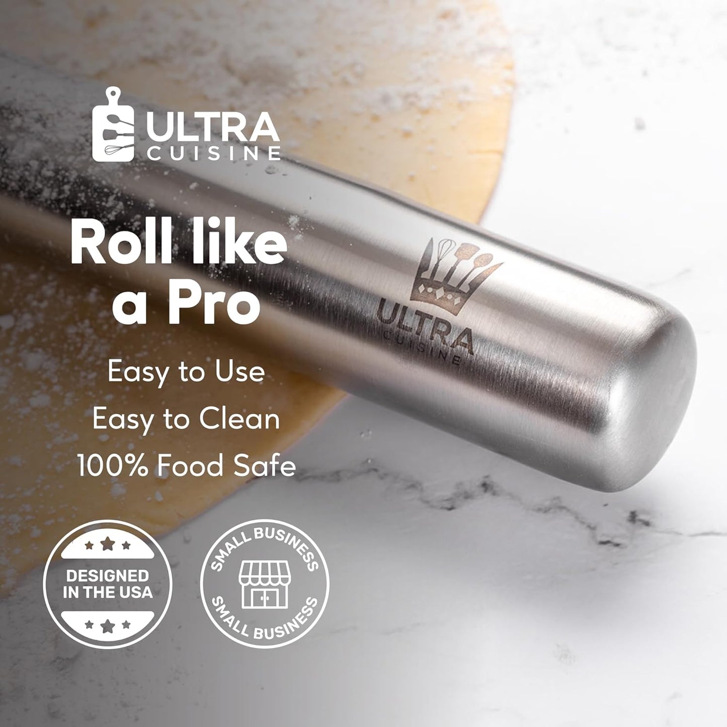 Ultra Cuisine French Rolling Pin - Tapered Design for Baking Pizza, Cookies & Pastry Dough | 15.75-Inch Stainless Steel