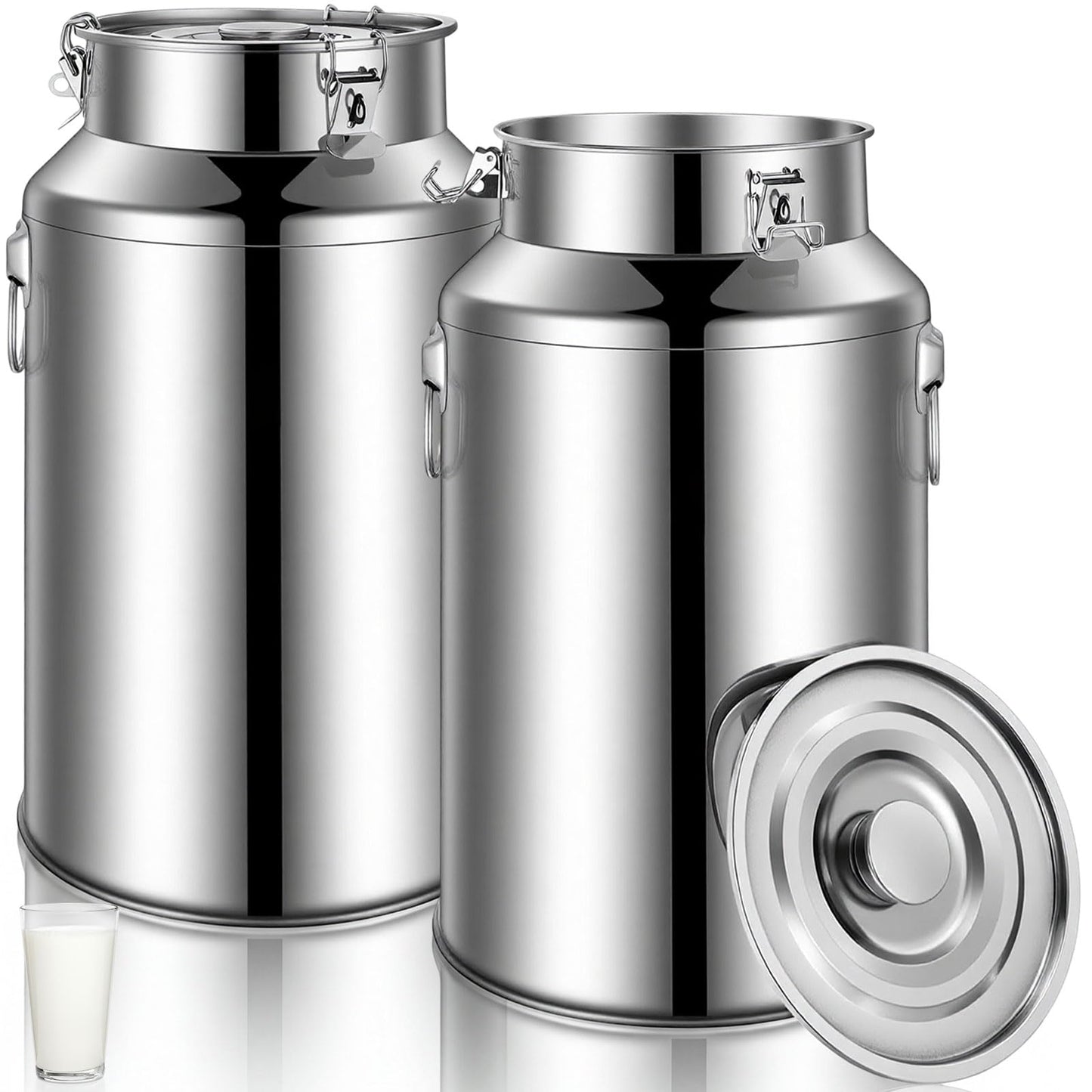 FillTouch 2 Pcs Stainless Steel Milk Can 35L/ 9.25 Gallon Heavy Duty Metal Milk Dispenser Container Pail Water Jug with Locking Sealed Lid Food Wine Oil Storage Container for Home Farm Kitchen