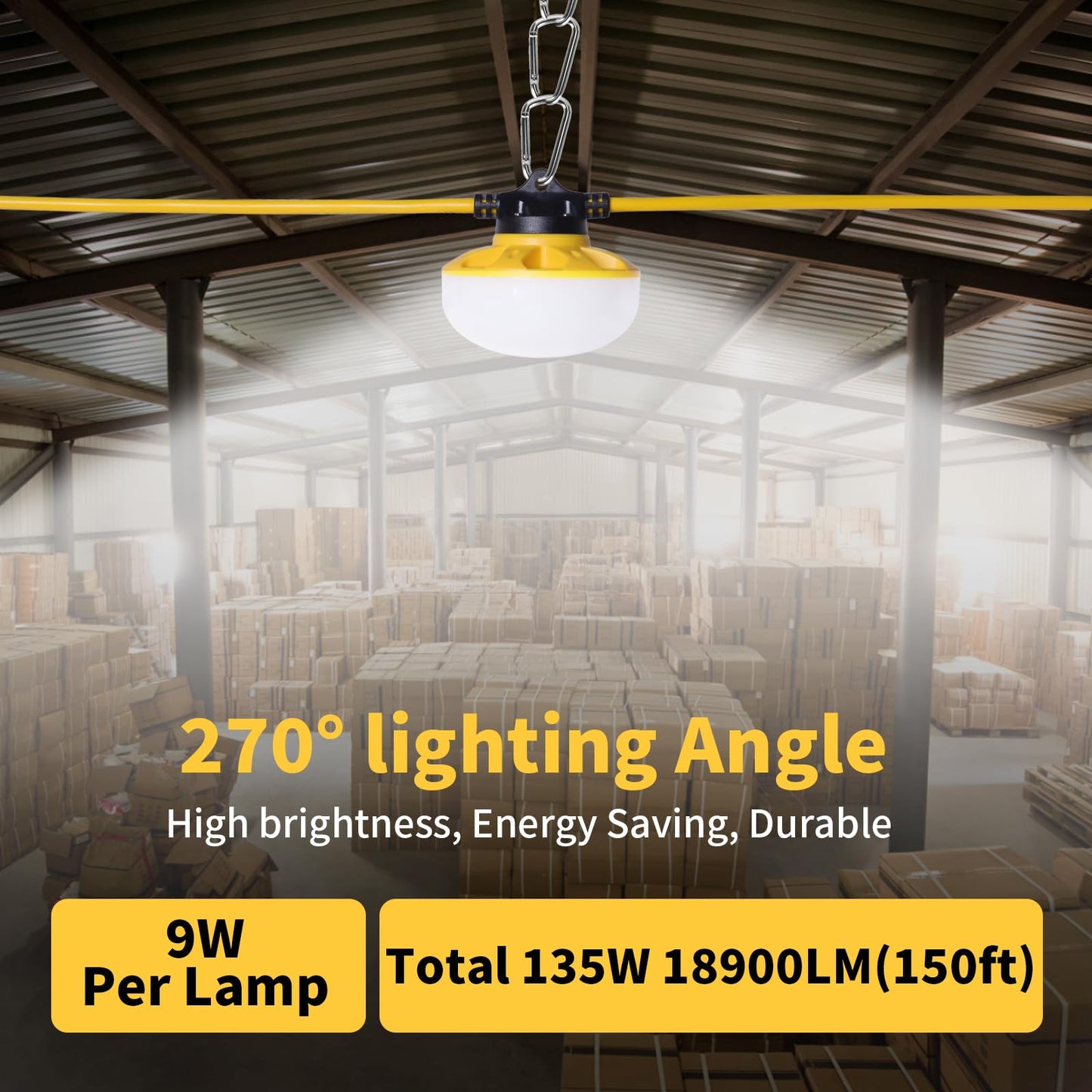 Phylosal 150FT LED Construction String Lights, 135W 18900LM LED String Work Lights with 15 Bulbs & Hooks, IP65 Waterproof 6000K Industrial Grade Lighting for Renovation, Mine Cave, Job Site, Walkways