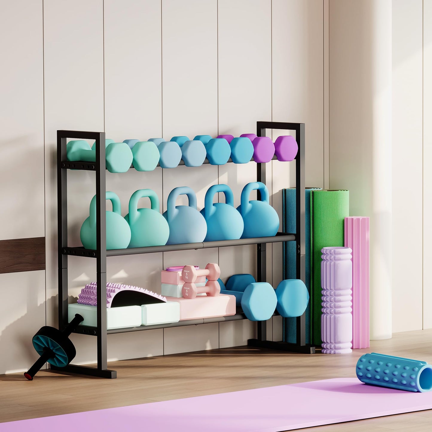 3-Tier Adjustable Dumbbell Storage Rack, Weight Rack Stand, Extended Base Weight Storage for Home Gym – Holds Up to 450 lb, Space-Saving Fitness Equipment Organizer