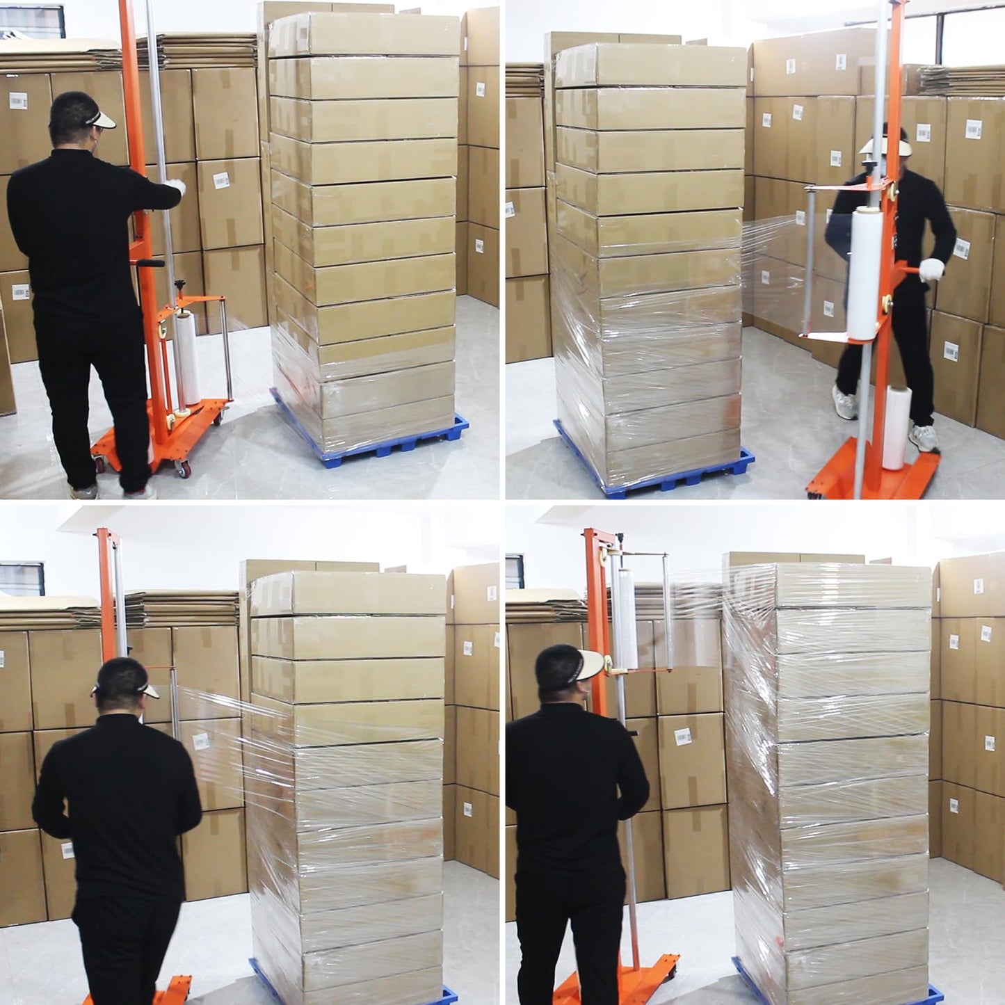 Semi-Automatic Trolley Pallet Wrapper, Heavy Duty Mobile Stretch Film Wrapping Machine with Adjustable Height, Heavy-Duty Steel Frame for Warehouse Logistics