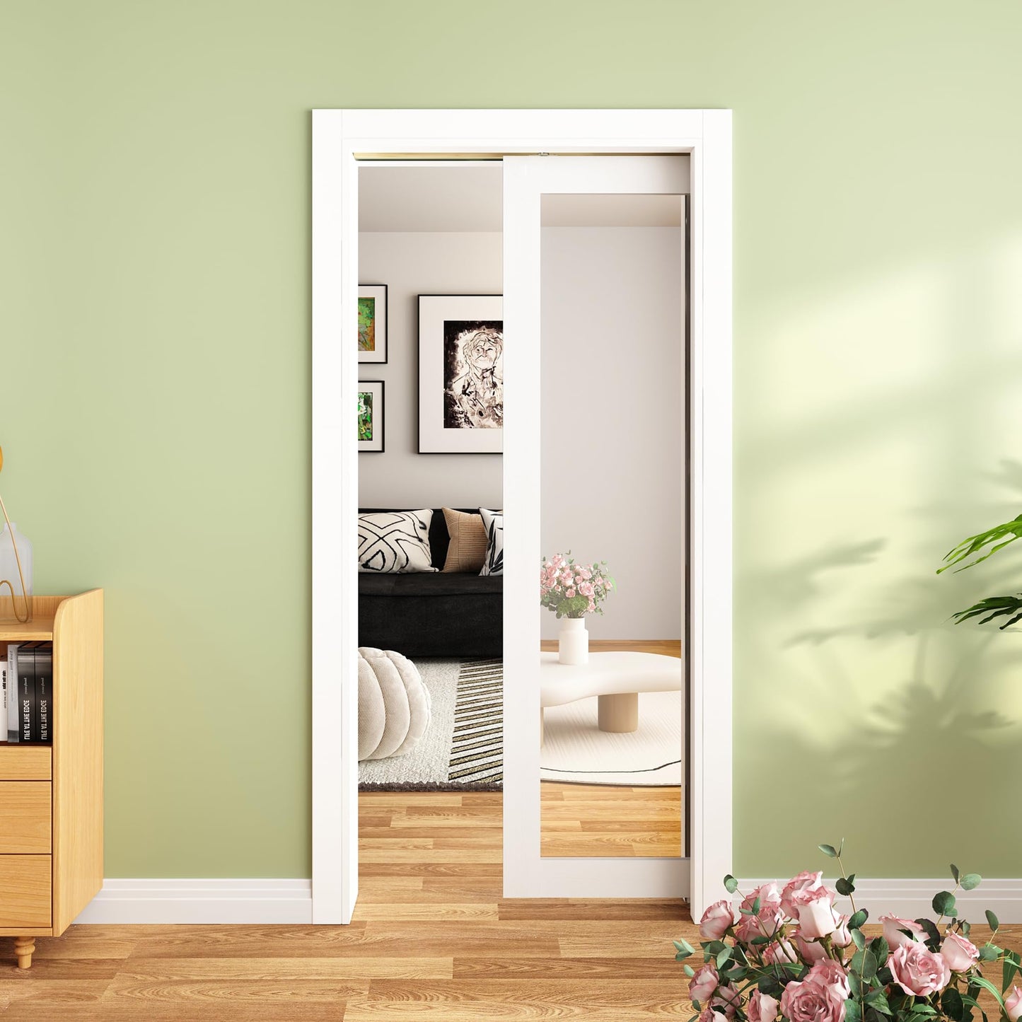 JUBEST Pocket Door 30"x80", 1-Panel Mirrored Sliding Pocket Door with Soft Close Hardware Kit, Sturdy Solid Wood & MDF with Water-Proof PVC Surface, No Assembly Required, White