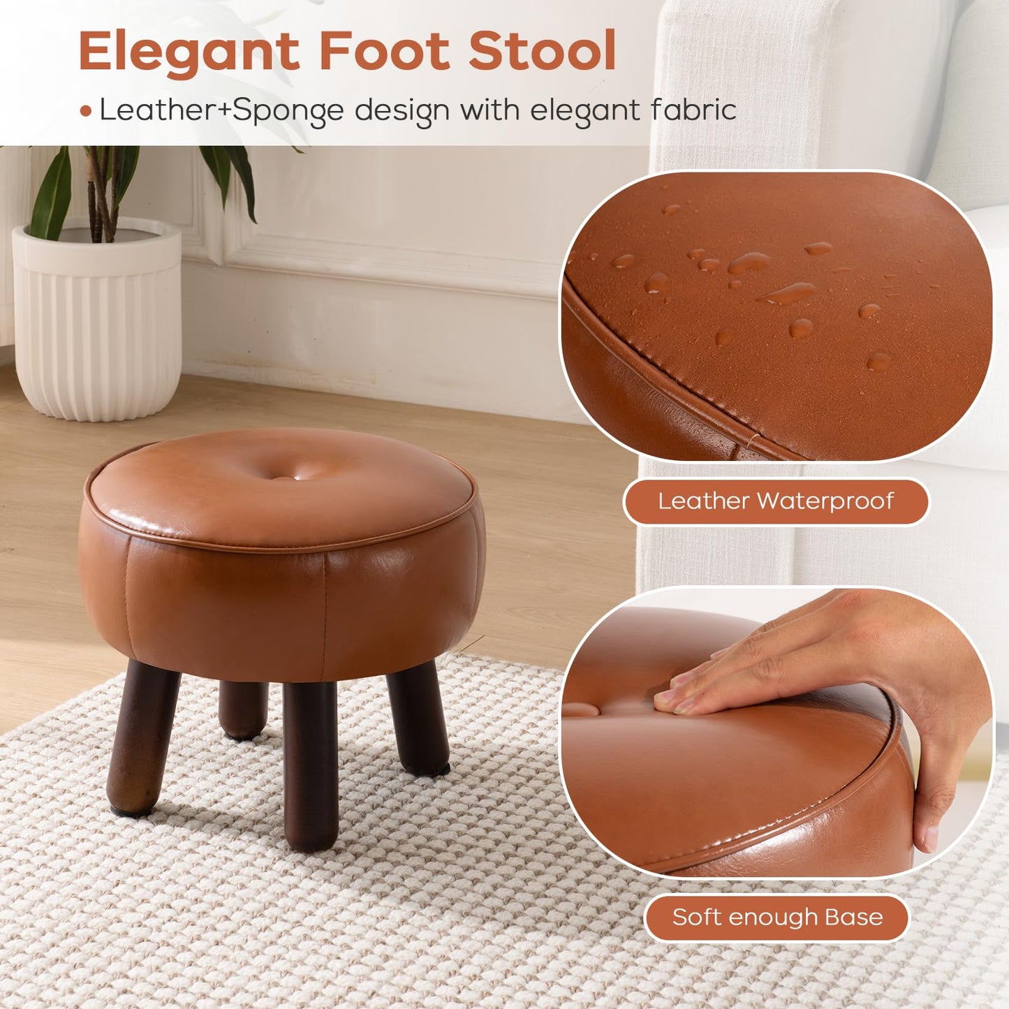 oakvivo Small Foot Stool, Round Faux Leather Pouf Ottoman Foot Rest, Footstool Ottomans with Rubber Legs Under Desk, 13''L x 13''W x 10.2''H, Footrest for Couch, Living Room, Bedroom, Hallway, Brown
