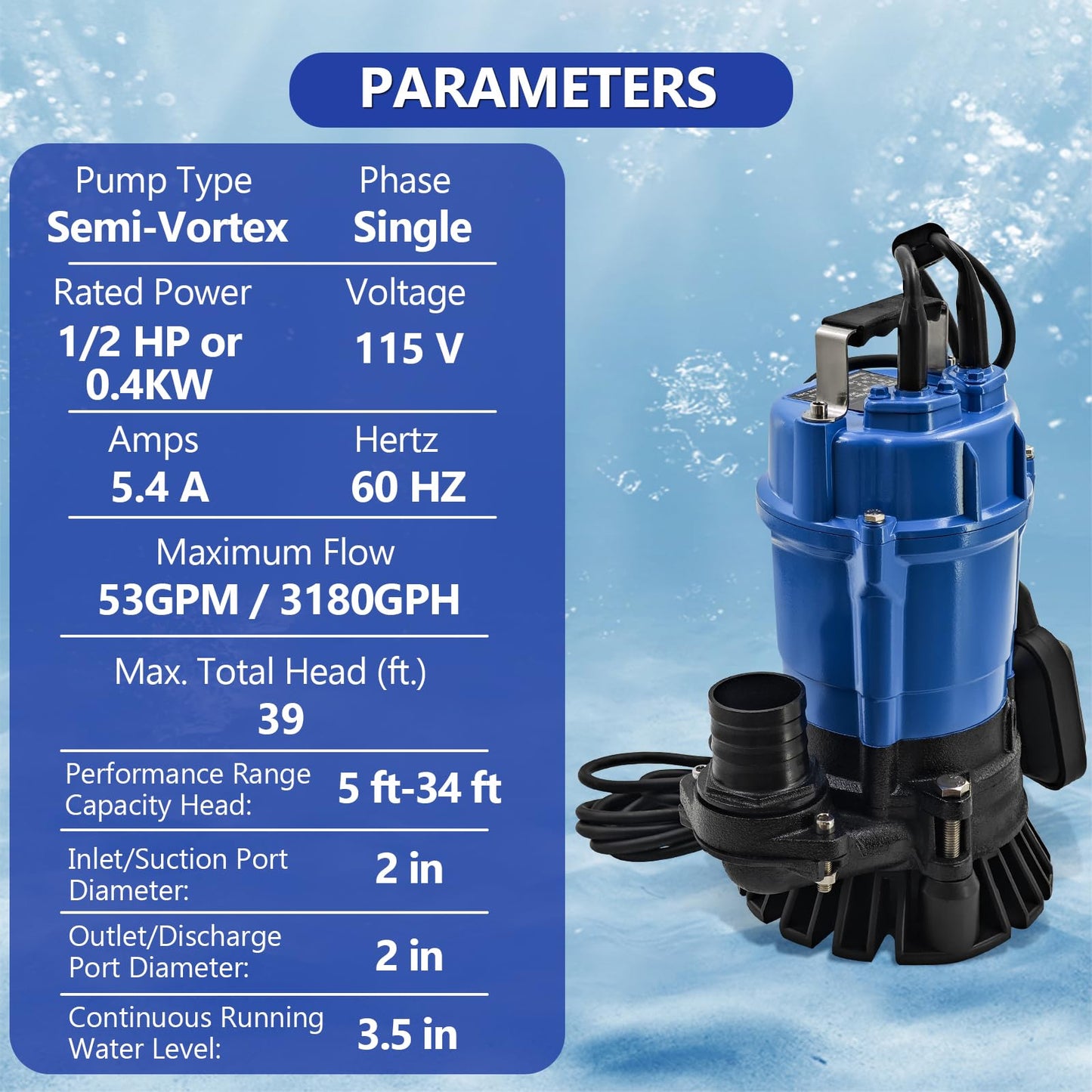 1/2 HP 115V HS2.4S HSZ2.4S Auto Float Switch Submersible Wastewater Pump replacement for HSZ2.4S-62 Submersible Trash Pump 53 GPM / 3180 GPH 60Hz 2" Straight Male NPT for Pond Sand Solids Dewatering