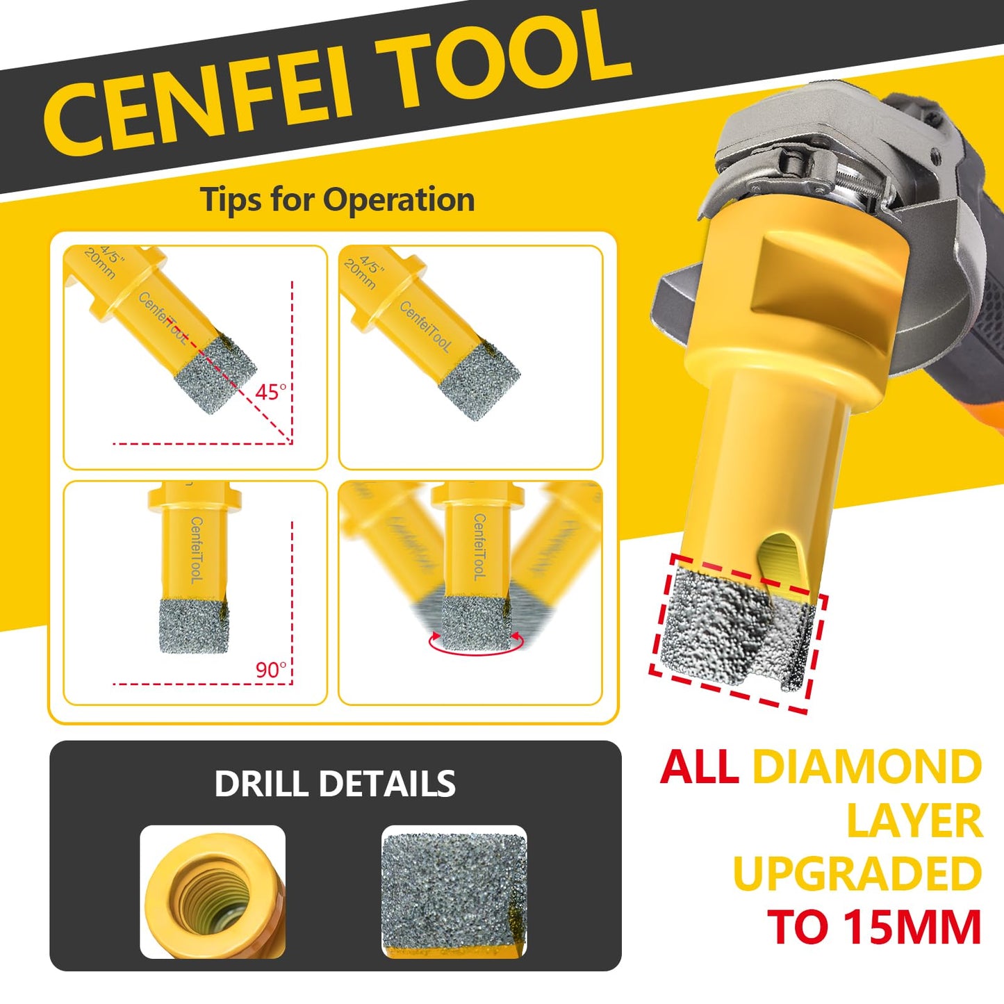 Upgrade 15PCS Diamond Tile Hole Saw Kit: Tile Drill Bits 5/8-11 6/6/8/20/25/35/50/75/100mm, Finger Bit/Chamfer Bit/Cutting Disc/SDS Adapter, Diamond Core Drill Bits Set, Ceramic Tile Porcelain Granite