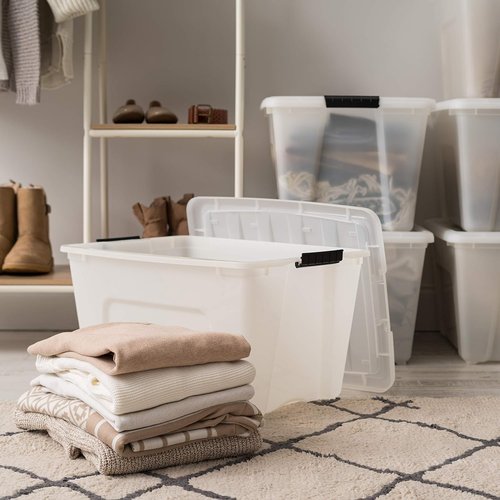 IRIS USA 54 Quart Stackable Storage Bins - Durable Plastic Containers with Lids & Latching Buckles, 6 Pack - Pearl
