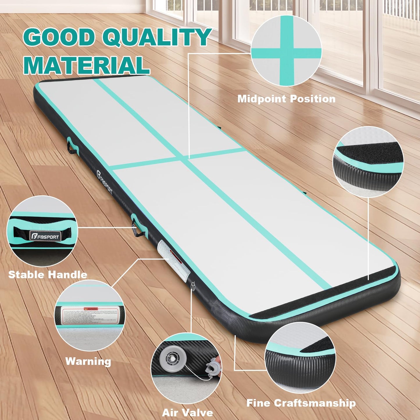 FBSPORT 6.6ft Inflatable Air Gymnastics Mat Training Mats 4 inches Thickness Gymnastics Tracks for Home Use/Training/Cheerleading/Yoga/Water with Pump