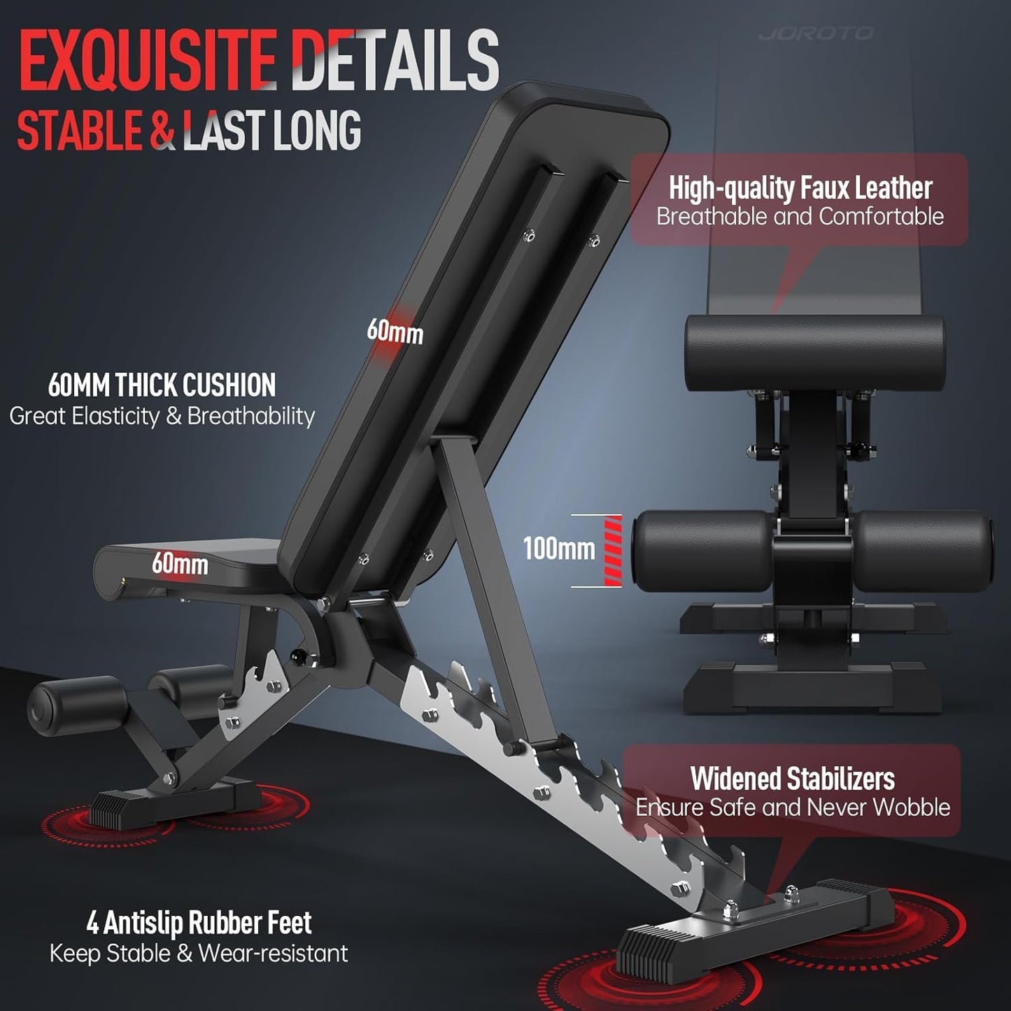 JOROTO Adjustable Weight Bench, 800LBS Workout Bench, Foldable Weight Bench for Home Gym, Flat Incline Decline for Sit Up Bench Press, 40LB Heavy Duty Build Strength Training Bench, Silver