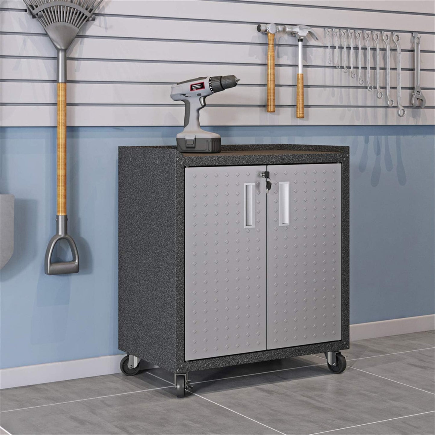 Manhattan Comfort Fortress 3-Piece Textured Garage Storage Set, Includes Mobile Metal Cabinet Chests and Worktable, Space-Saving Design, 25 Gauge Metal, Lockable Wheels, 1.0 Series, Grey