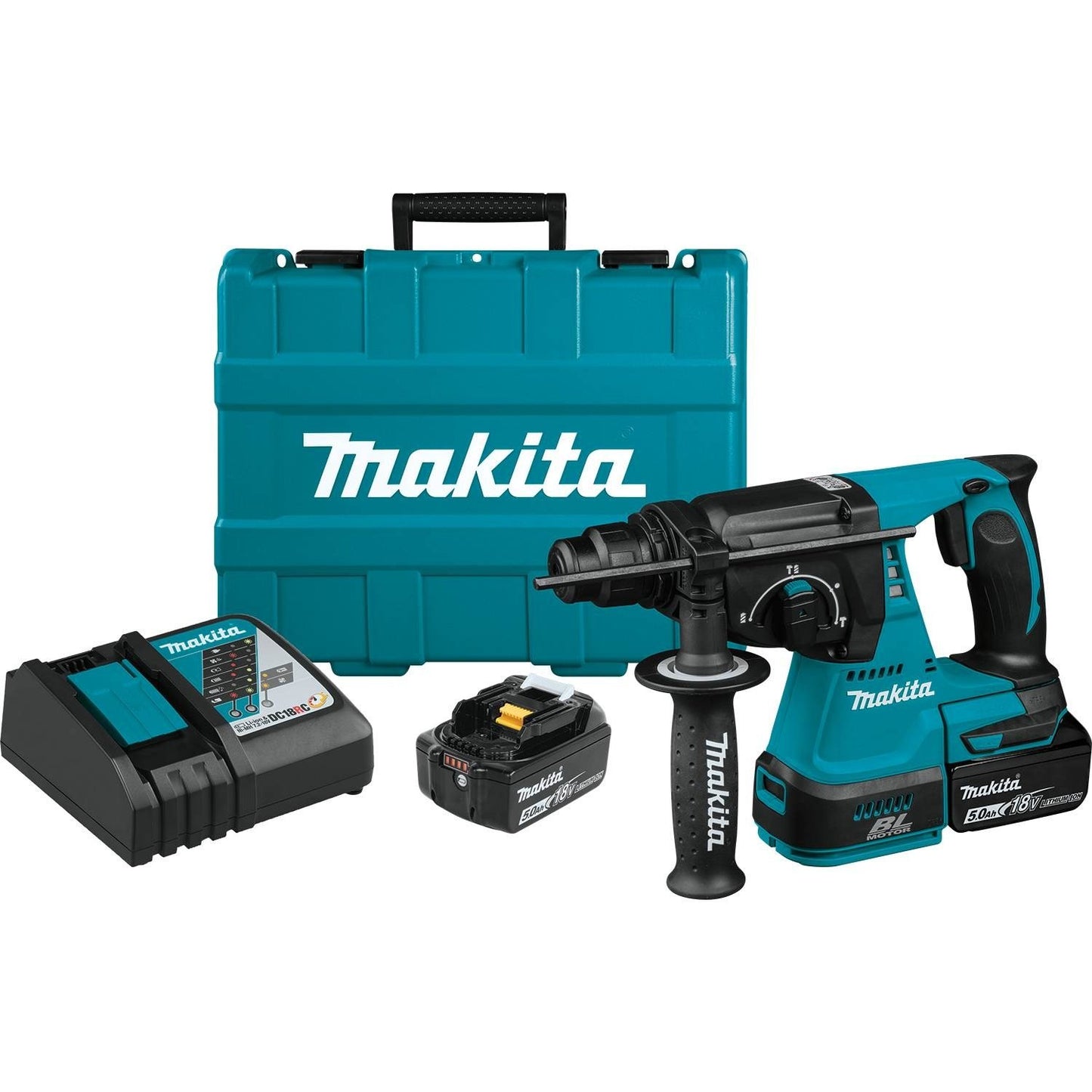 Makita XRH01T 18V LXT Lithium-Ion Brushless Cordless 1" Rotary Hammer Kit (5.0Ah) with XRJ05Z 18V LXT Lithium-Ion Brushless Cordless Recipro Saw