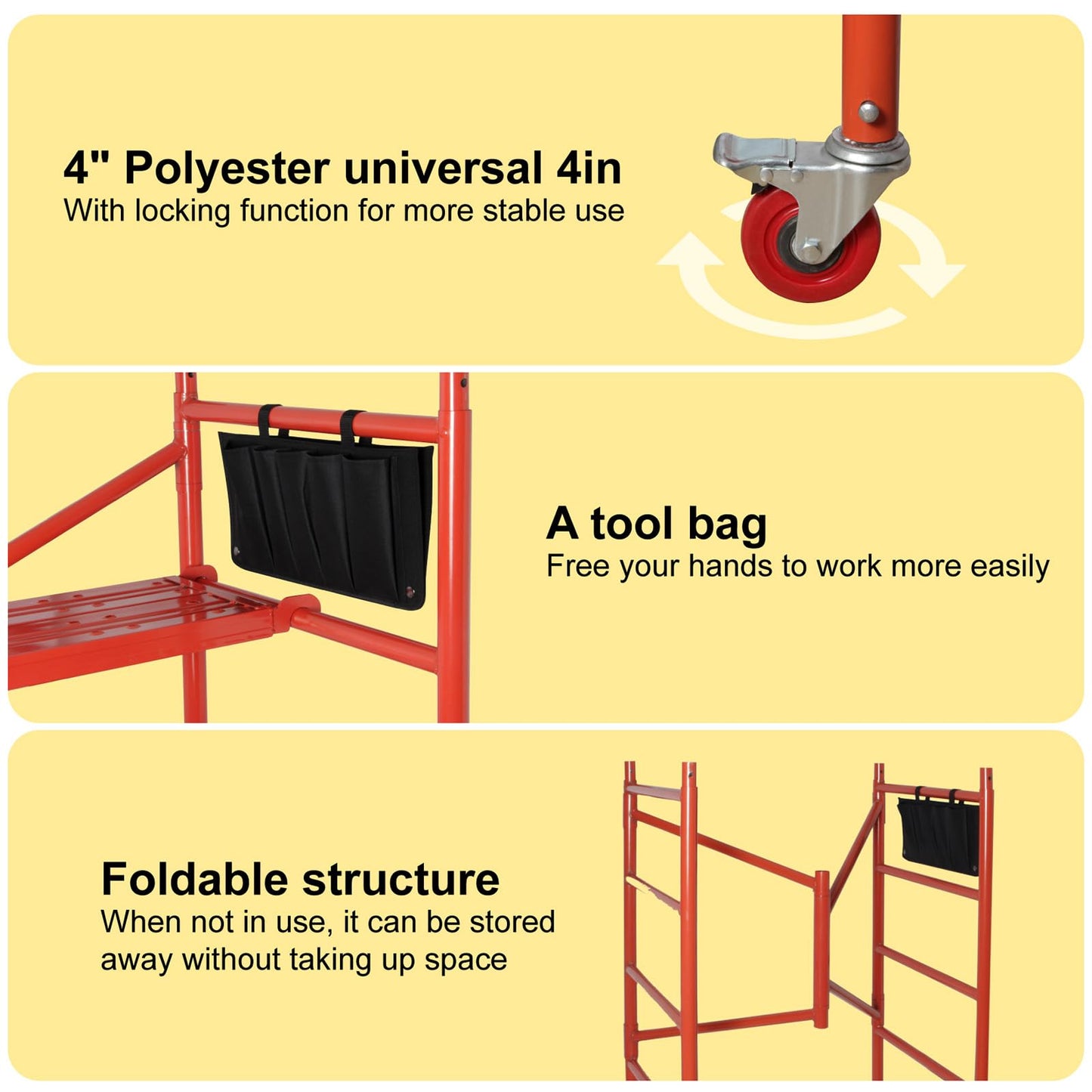 LEADALLWAY Portable Rolling Scaffolding Platform 4 Foot High Mobile Baker Scaffolding 770 LBS Capacity with Locking Wheels and Tool Bag, Red