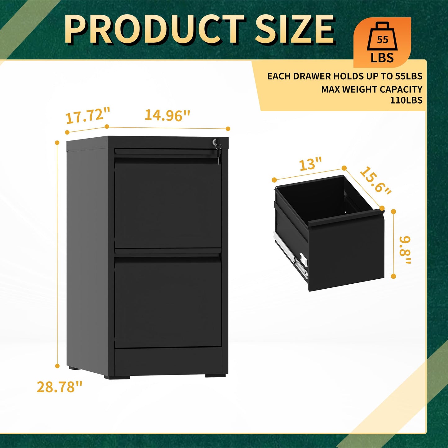 FOSTOKO 2 Drawer File Cabinet with Lock, Steel Vertical Filing Storage Cabinet for Home Office, Heavy-Duty File Cabinets for Letters/Legal/A4 (Require Assembly, Black)