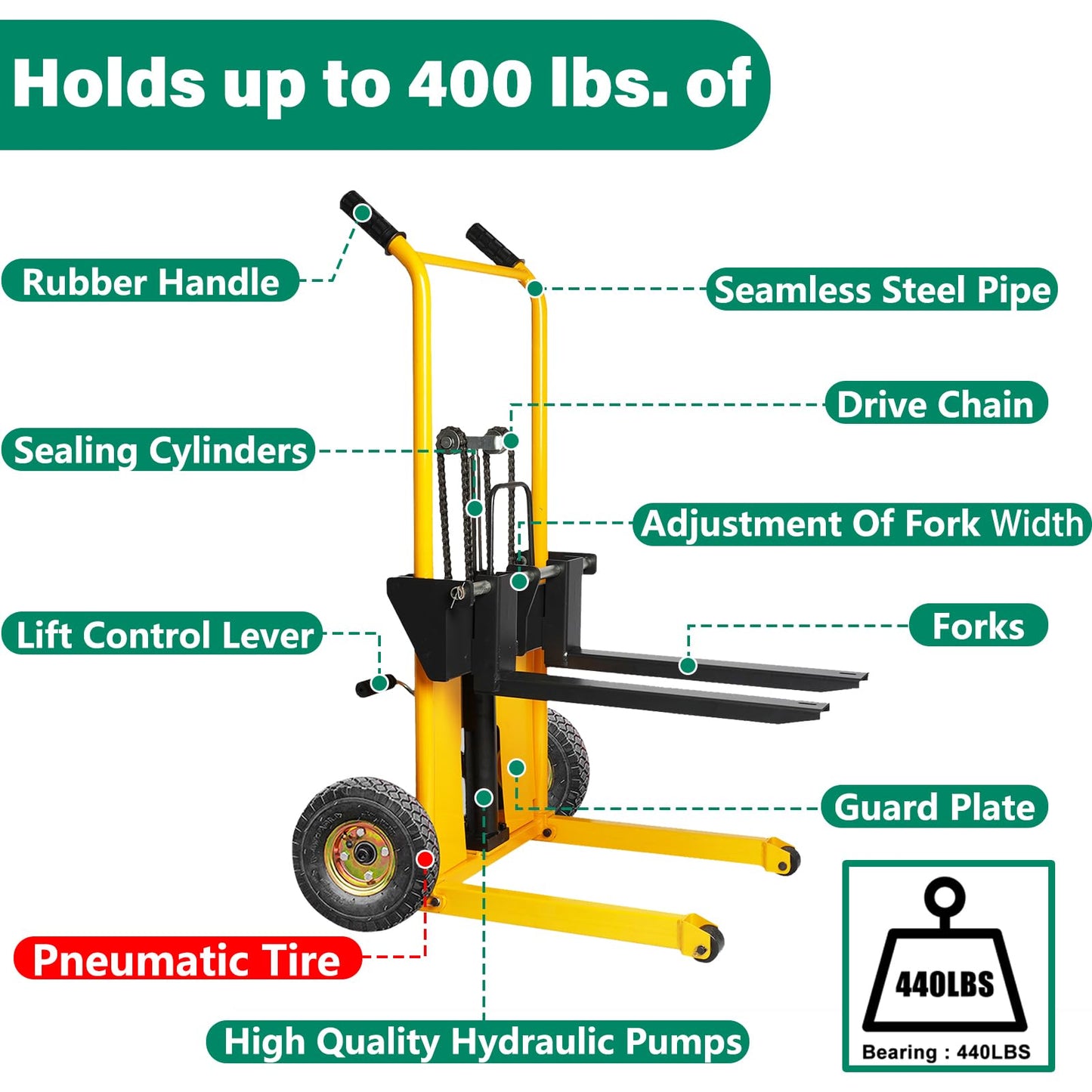 Foldable Hydraulic Material Lift Dolly, Pallet Stacker, 440lbs Capacity, Removable Steel Platform & Fork Arms, with Pneumatic Tire, Winch Stacker (440 lb. Steam Tire Wheel)