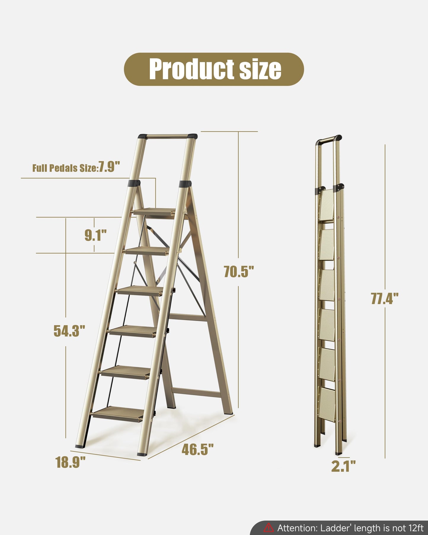 SOLADDER 6 Step Ladder, Folding Step Stool with Handgrip and Anti-Slip Wide Pedal, Portable Lightweight Aluminum Stepladder for Kitchen, Home, Library, Office (300 lbs Capacity) - Gold