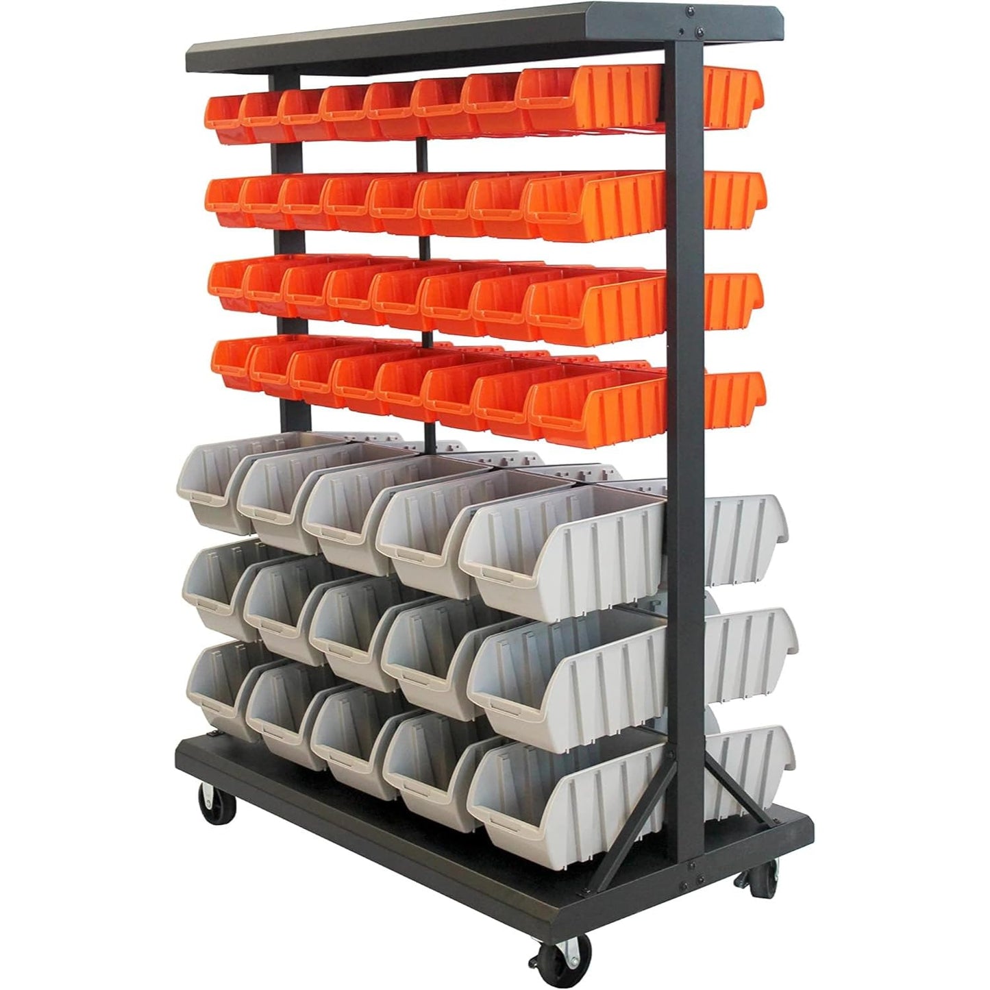TRINITY Rolling Storage Bin Rack & Parts Organizer, 7-Tier Dual-Sided Bin Cart Shelving for Shop Storage, Nut and Bolt Organizer, Garage, Warehouse, Tools & Hardware, 330Lb Max, With Wheels, Black