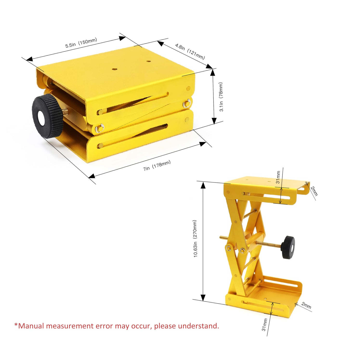 Maccx Lab Support Jack, Gold Color, Aluminum Table, Dim of Platform 5.9"x4.76" Max. Height up to 10.63", LSJ150-001