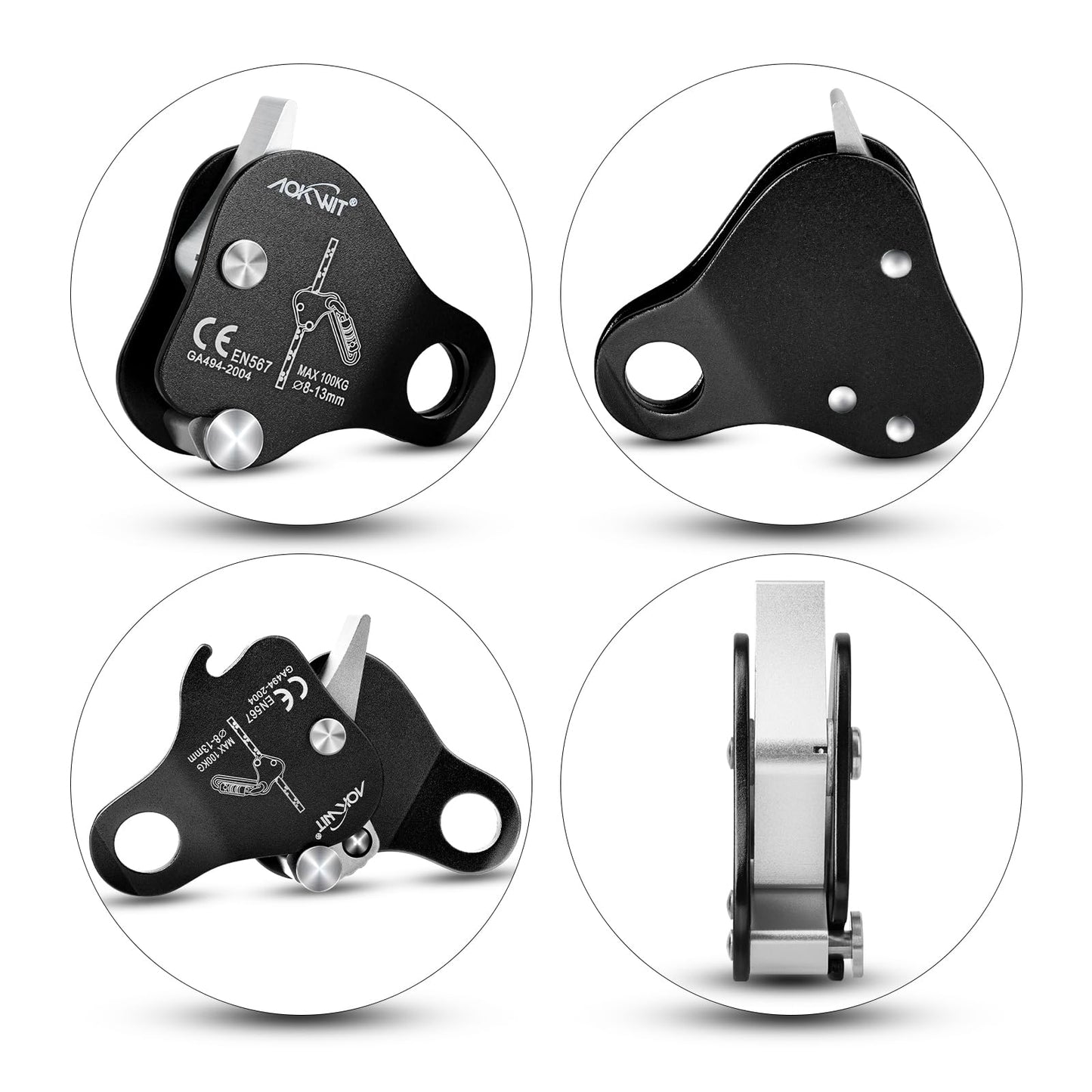 AOKWIT Climbing Ascender Fall Protection Belay Device Climbing Rope Grab for Rock Climbing Mountaineering Tree Arborist Expedition Caving Rescue Aerial Work (Black)