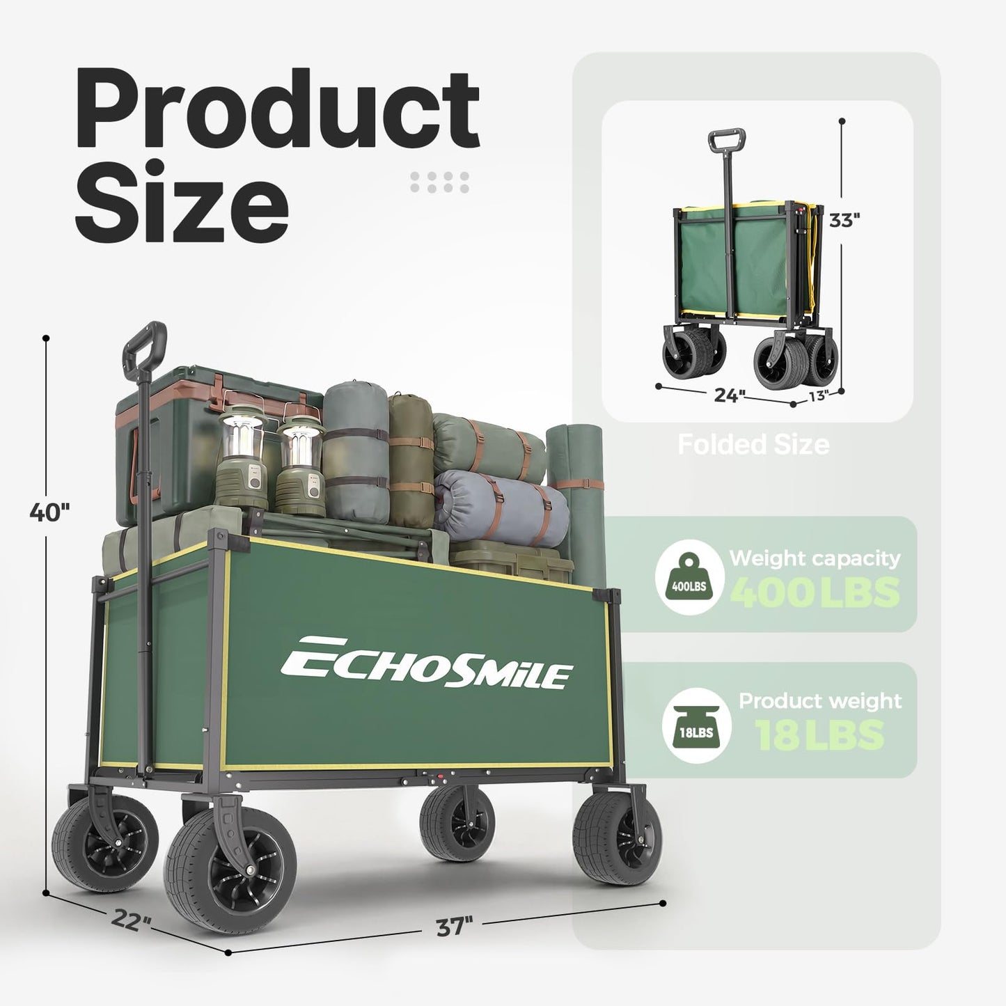 EchoSmile Collapsible Wagon Cart for Camping & Beach - Heavy Duty 400lbs Capacity All-Terrain Cart with Wide Wheels, Portable Folding Utility Wagon for Grocery, Garden, Sports,Green&Yellow