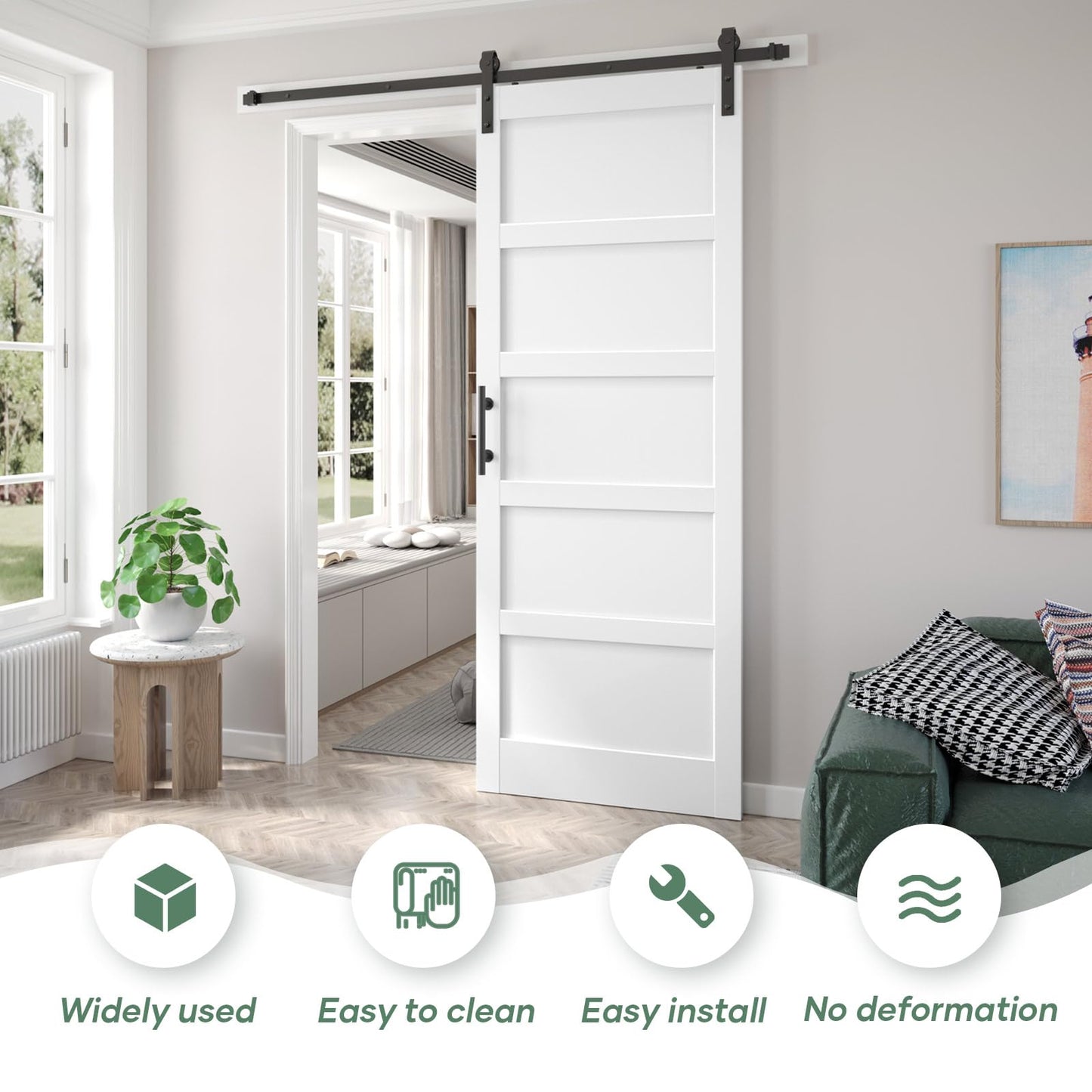 Fredbeck 36x96 inch White Barn Door with 6.6FT MDF Sliding Door Hardware Kit Included & Handle,Solid PVC Surface,DIY Assembly,5-Panel