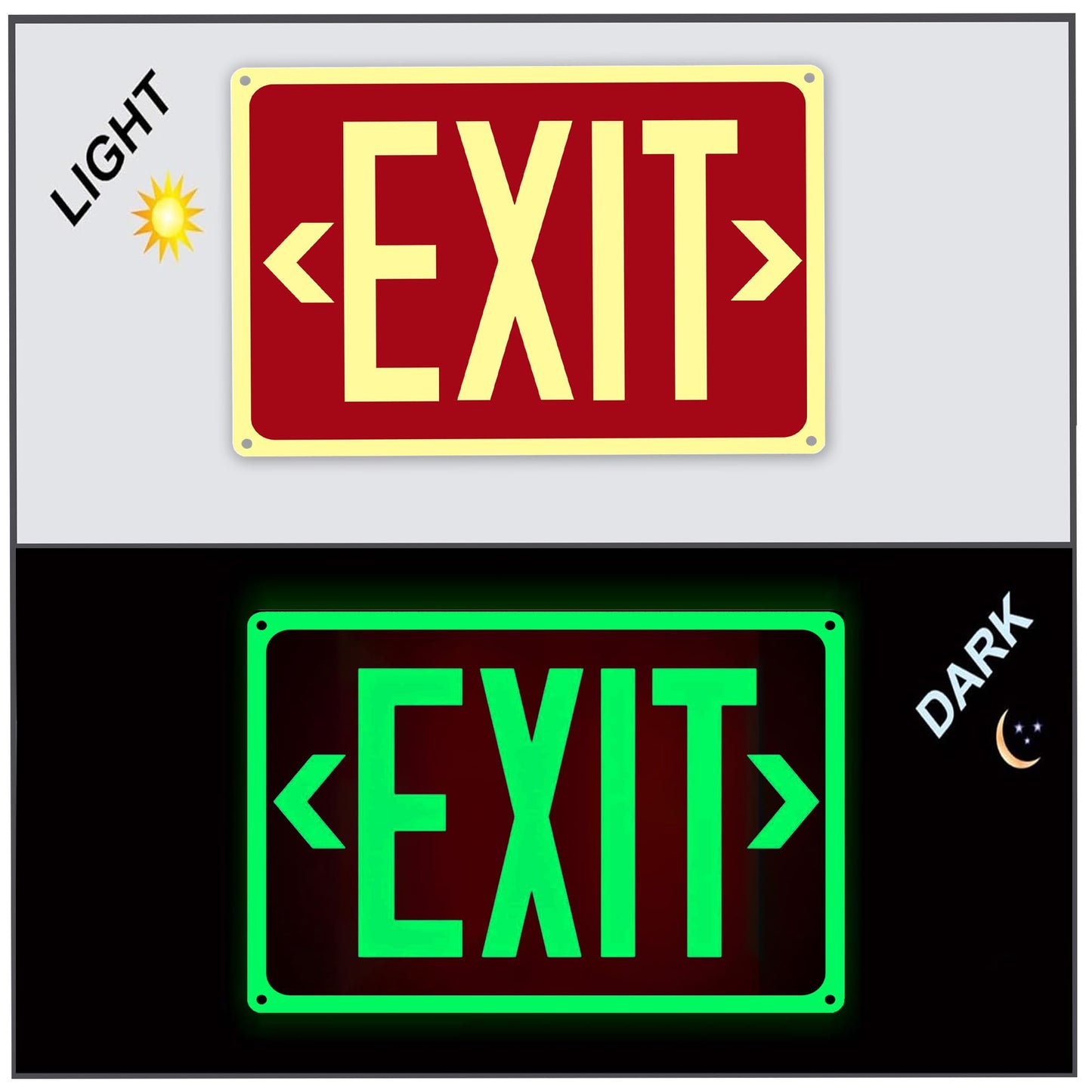4Pack Photoluminescent Exit Sign Aluminum - 14x10 Inches Glow In Dark Exit Sign with Adhesive Backing - Removable Arrows Included - Non Electrical Red Exit Light For 50 Feet Visibility