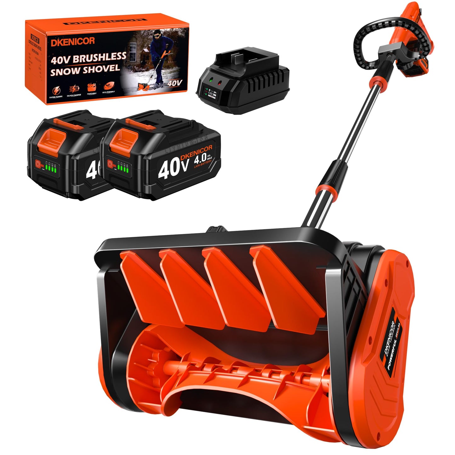 40V Cordless Snow Shovel, 13-Inch | 2 x 40V 4.0A Battery Powered Snow Blower, Powerful Brushless Electric Snow Shovels with Quick Charger & Directional Plate for Pathway, Patio, Deck, Driveway
