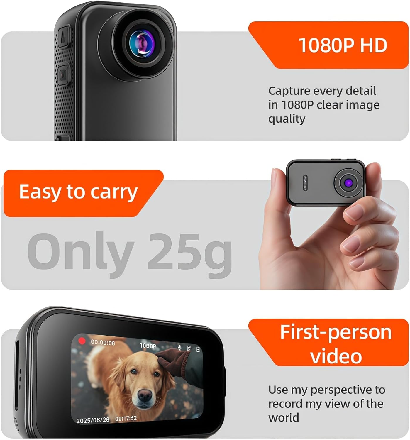 Boeavance Mini Body Camera, Thumb Action Camera, Tiny Size, Mount Anywhere Thumb Size Hands Free Recording POV Camera