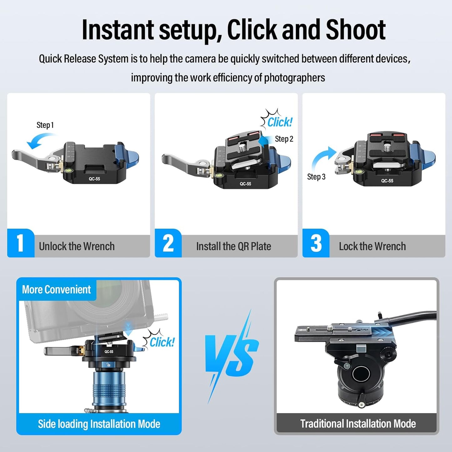 Sirui 55mm 1/4" 3/8" QC-55 Quick Release Plate and Clamp Base Kit, Camera Mount Adapter with and Thread, Quick-Release