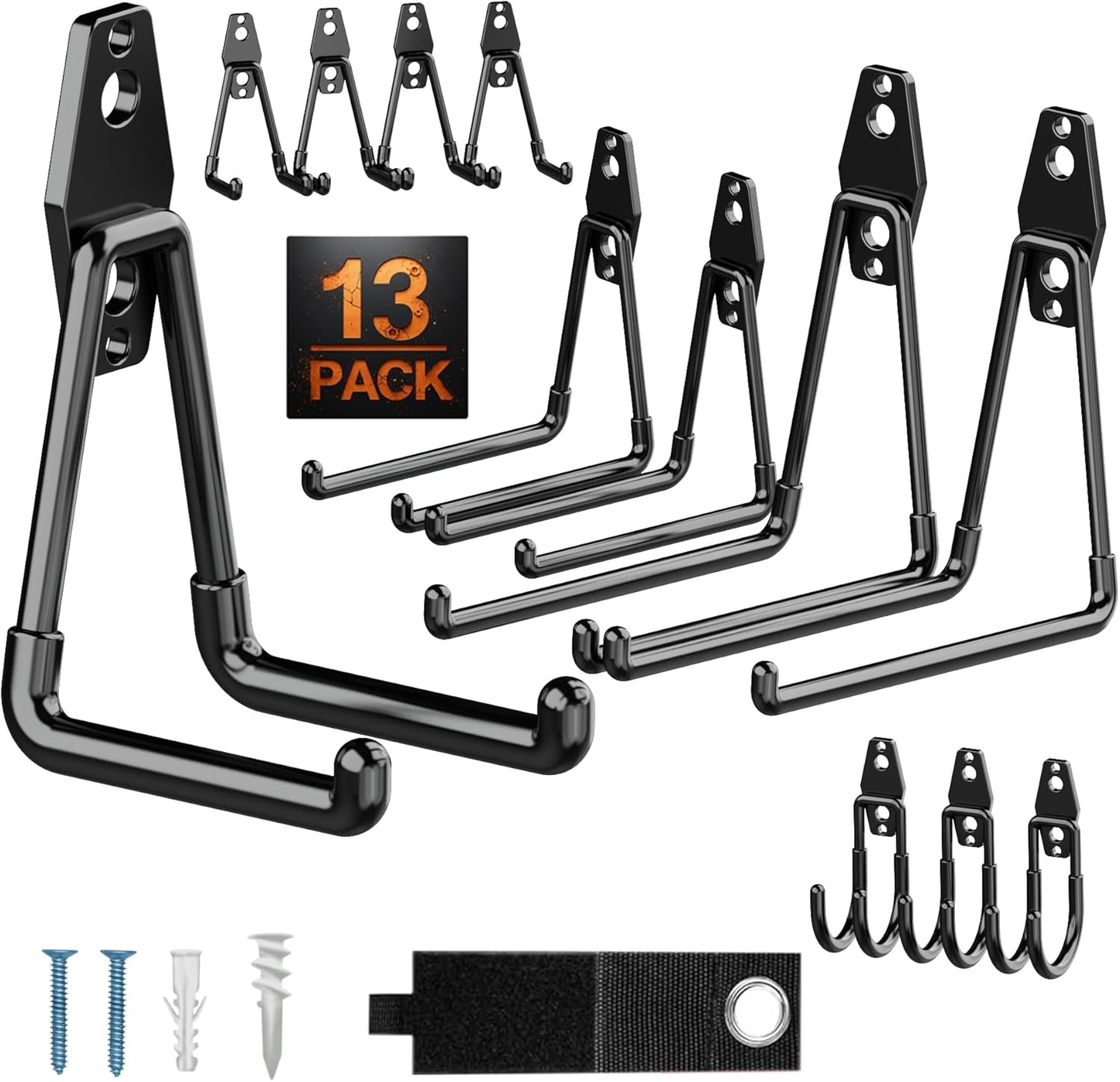 Pack 13 Heavy Duty Garage Hooks - Multi-Sized Wall-Mounted Tool Hangers with Anti-Rust PVC Coating | Ideal for Bikes, Ladders, and Garden Tools