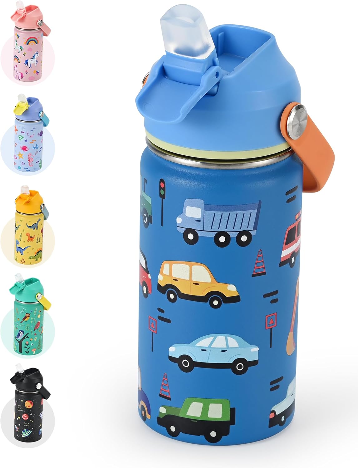 Skiennix Kids Water Bottle - Insulated 14oz Stainless Steel with Silicone Straw Lid | Leak-Proof Cars & Trucks Design, Custom Name Tag for School & Travel