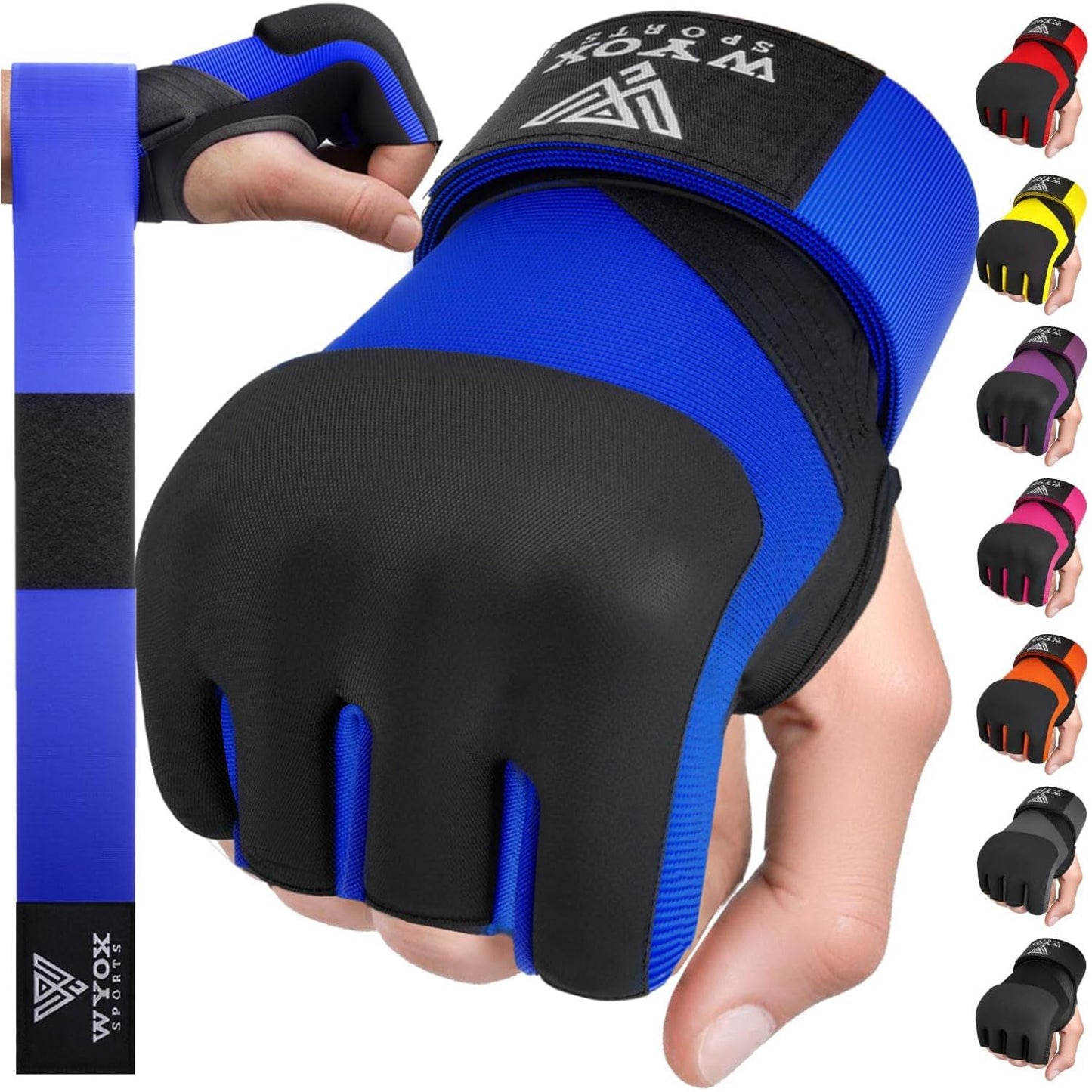 WYOX Gel Boxing Hand Wraps Inner Gloves for Men & Women, 80cm Quick Wrist Straps, Padded Knuckle Protection for Muay Thai Kickboxing, Hand Wraps for Boxing & Martial Arts (Blue, L/XL)