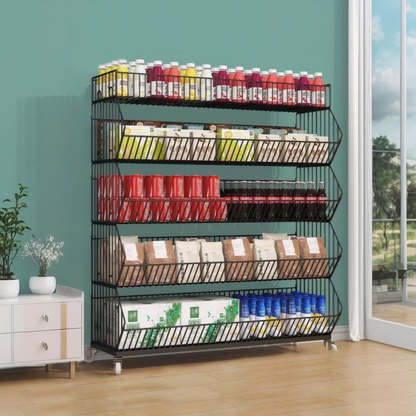Yuwoune 5-Tier Slanted Rolling Retail Display Rack with Locking Wheels | Heavy-Duty Metal Snack & Chip Display Stand for Grocery Stores, Supermarkets, Bakery | Space-Saving Store Organization Shelf